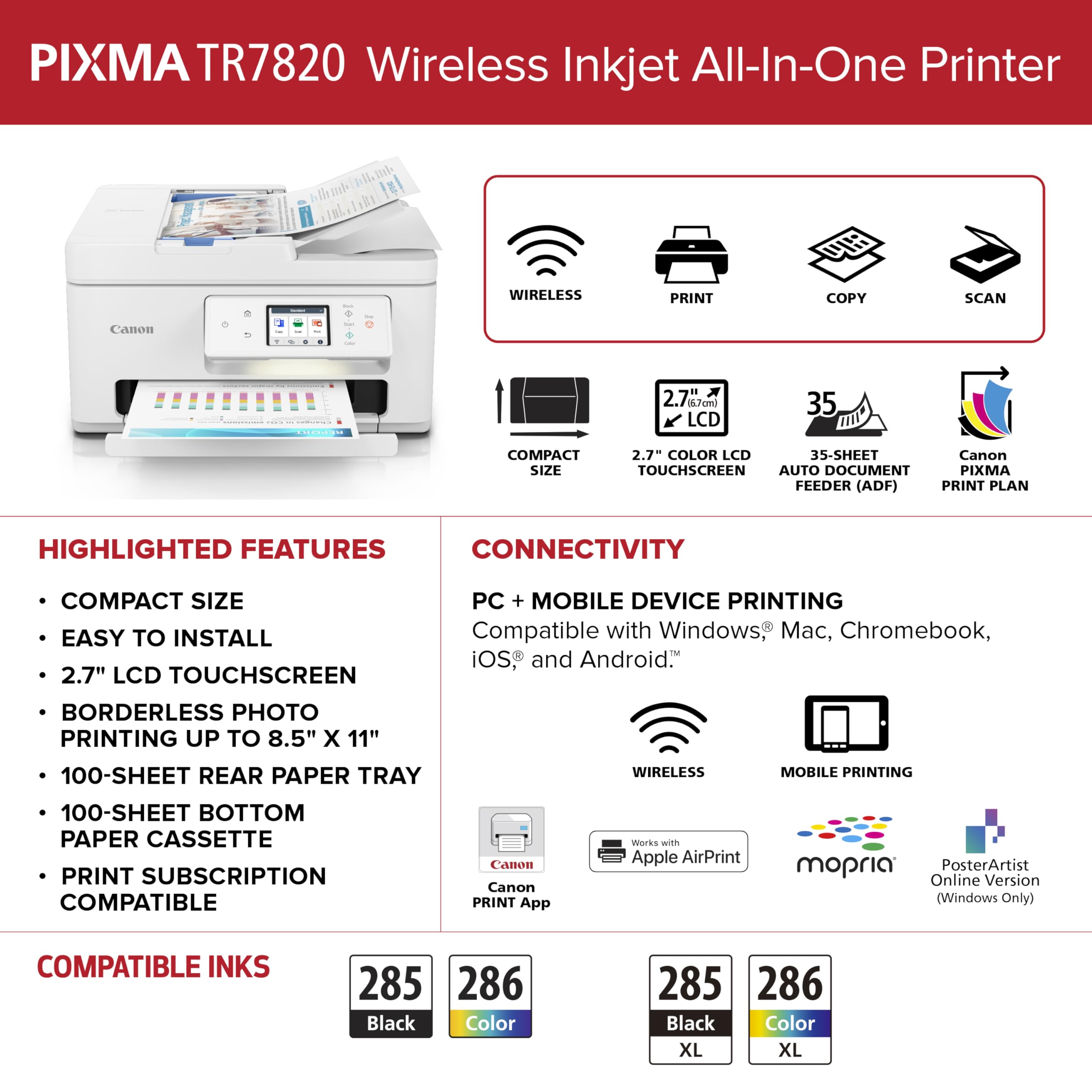 Canon PIXMA TR7820 Wireless All-in-One Printer for Home - Print, Scan, Copy & Fax | Ideal for Home Office, School Projects & Small Business Use