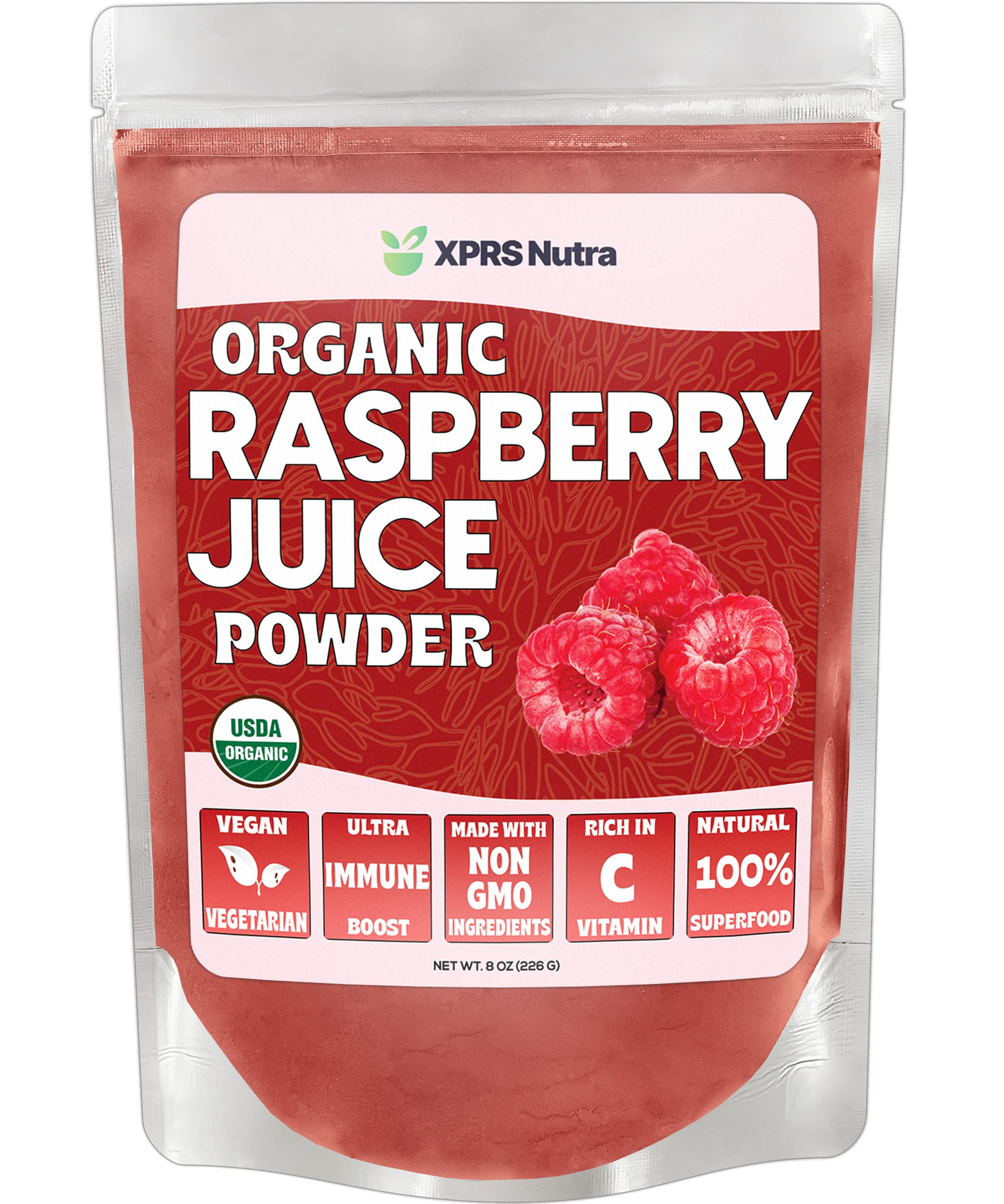 Organic Raspberry Juice Powder by XPRS Nutra - Vegan Superfood Supplement for Immune Support with Vitamin C - 8 oz for Smoothies, Drinks & Baking - Antioxidant-Rich Raspberry Powder for Energy & Wellness