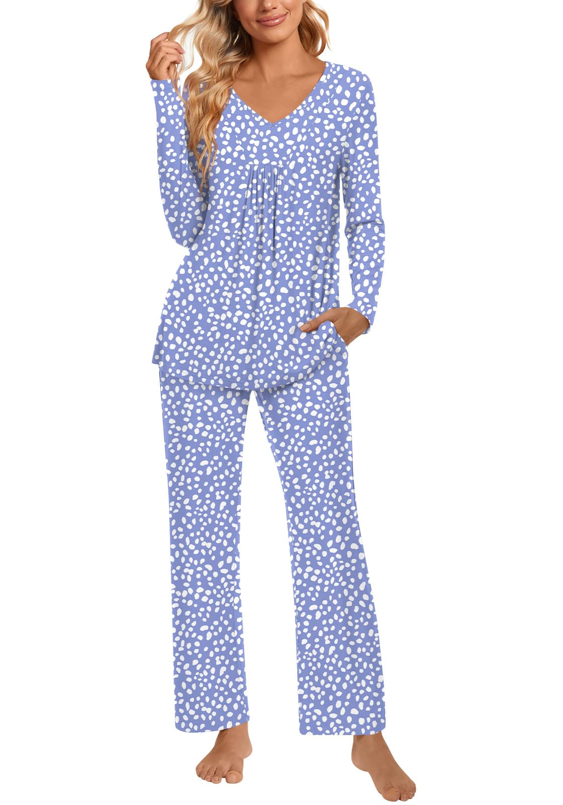 POPYOUNG Women's Fall Pajama Sets - 2 Piece V-Neck Long Sleeve Sleepwear & Lounge PJS for Cozy Nights, Relaxing at Home, and Gift Giving