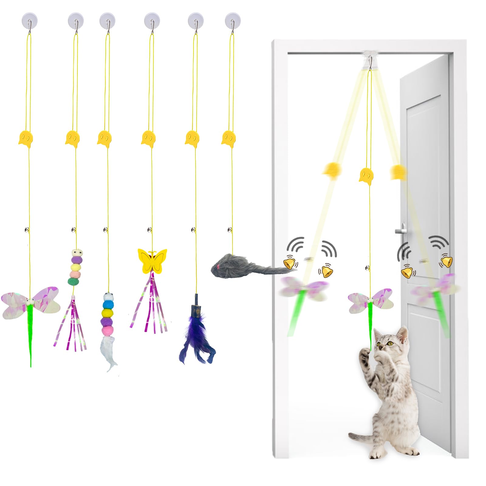 Interactive Cat Toys for Indoor Play - 6 Pack Retractable Hanging Door Feather Toys for Kittens, Fun Exercise & Hunting Chase Games - Perfect for Playtime, Training & Bonding with Your Feline Friend