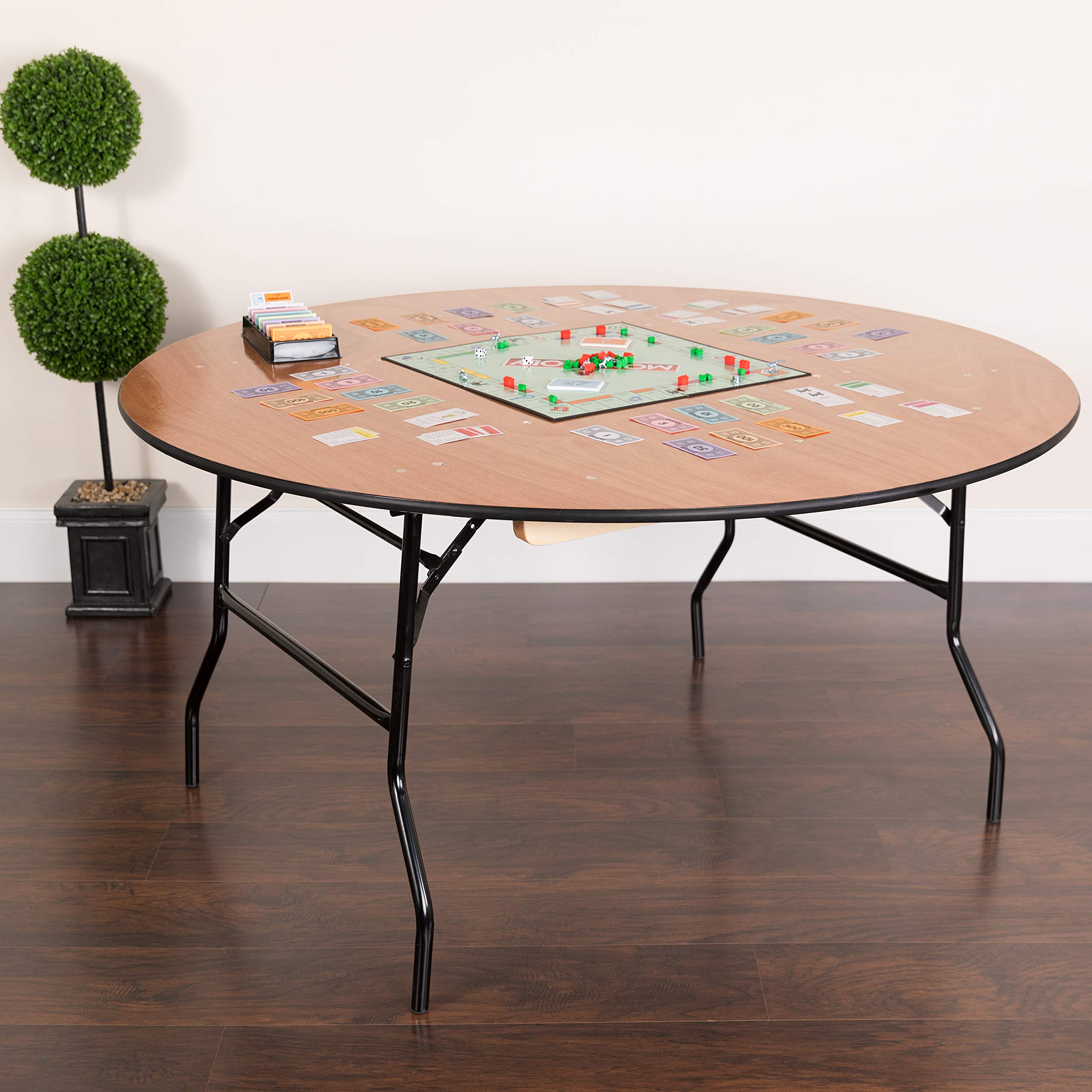 Flash Furniture Furman 5' Round All-Occasion Wood Folding Event Table - Foldable Round Portable Banquet Table with Wooden Top, Natural/Black - Perfect for Parties, Weddings, Meetings & Outdoor Events