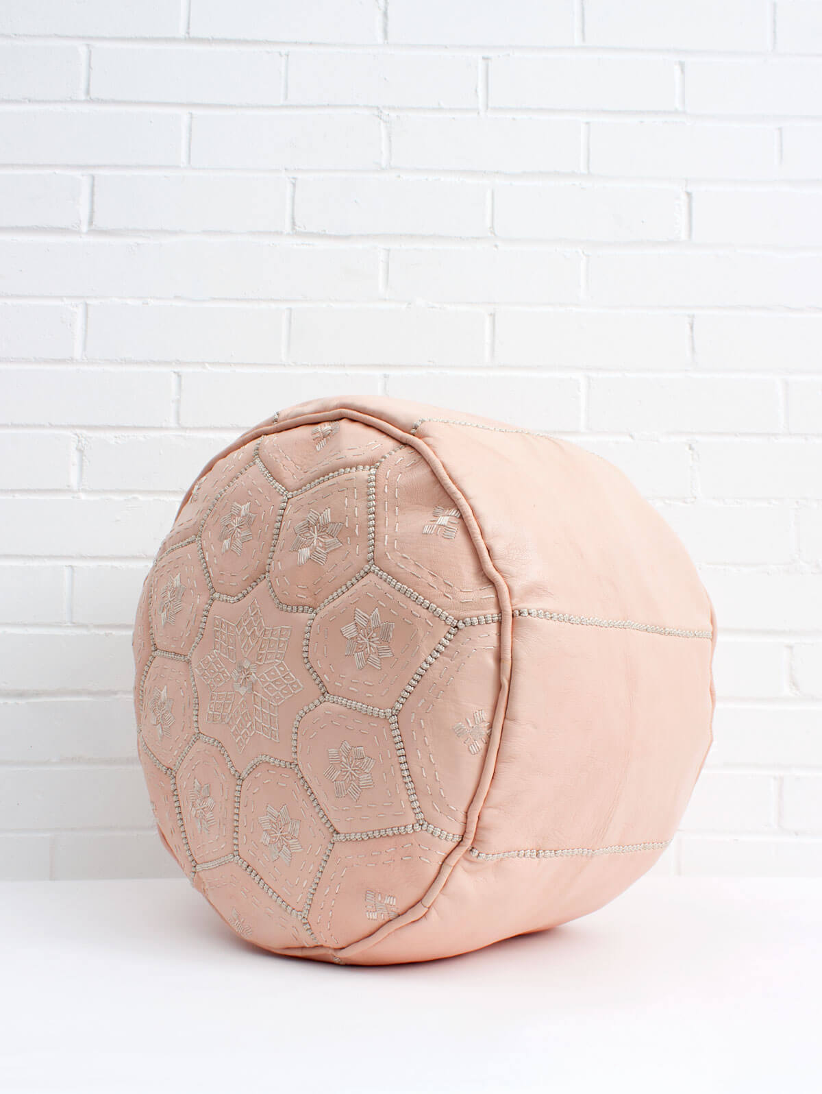 Moroccan Leather Tile Pouffe Ottoman - Soft Pink Handmade Footstool (Slight Seconds) | Boho Chic Living Room Decor, Cozy Bedroom Seating