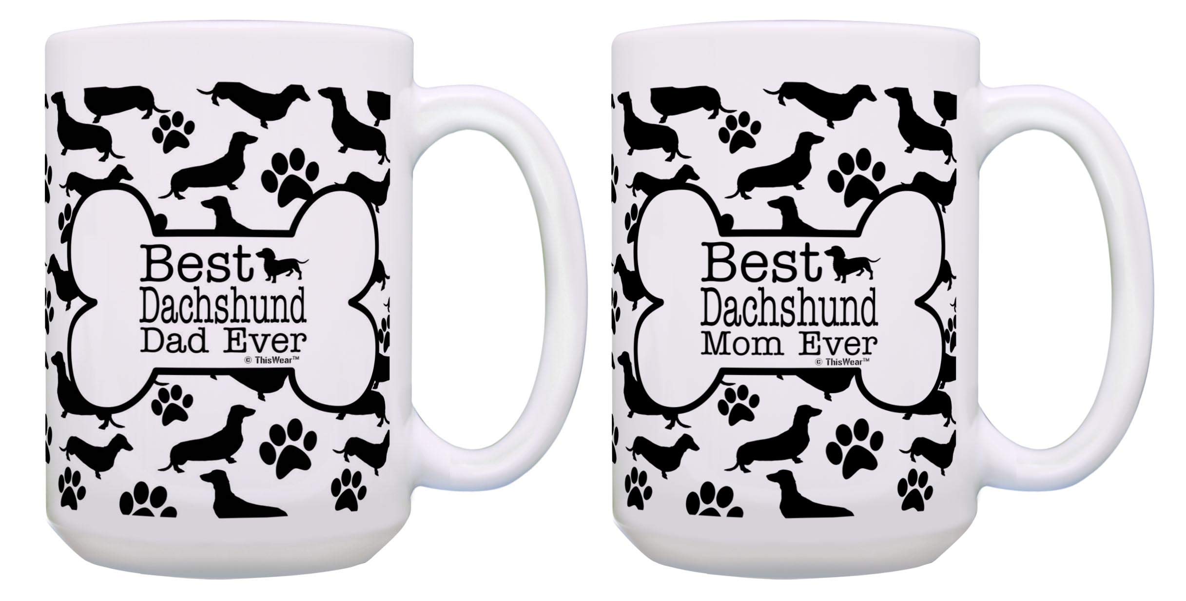 Best Dachshund Dad & Mom Ever Mug Set - 2 Pack 15oz Coffee & Tea Cups for Couples - Perfect Gift for Dachshund Lovers, Pet Parents & Dog Owners - Ideal for Morning Coffee, Tea Time or Anniversary Gifts