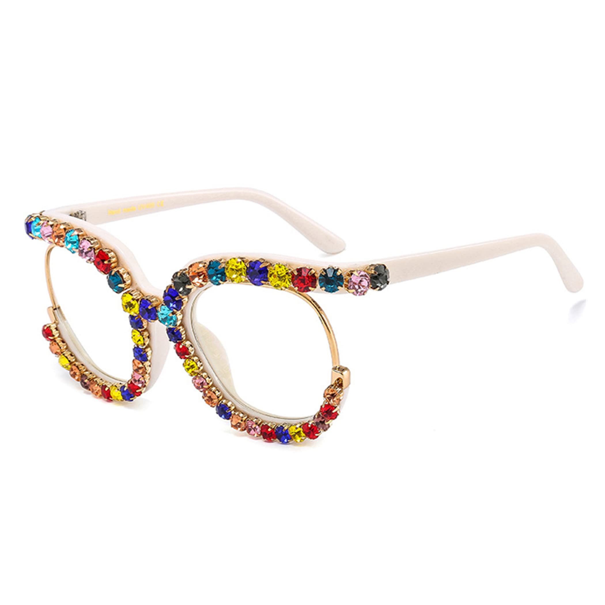 Vintage Fashion Women's Half-Rim Round Reading Glasses with Crystal Trim & Jeweled Frame - Costume Eyewear for Reading, Cosplay, and Retro Style Outfits