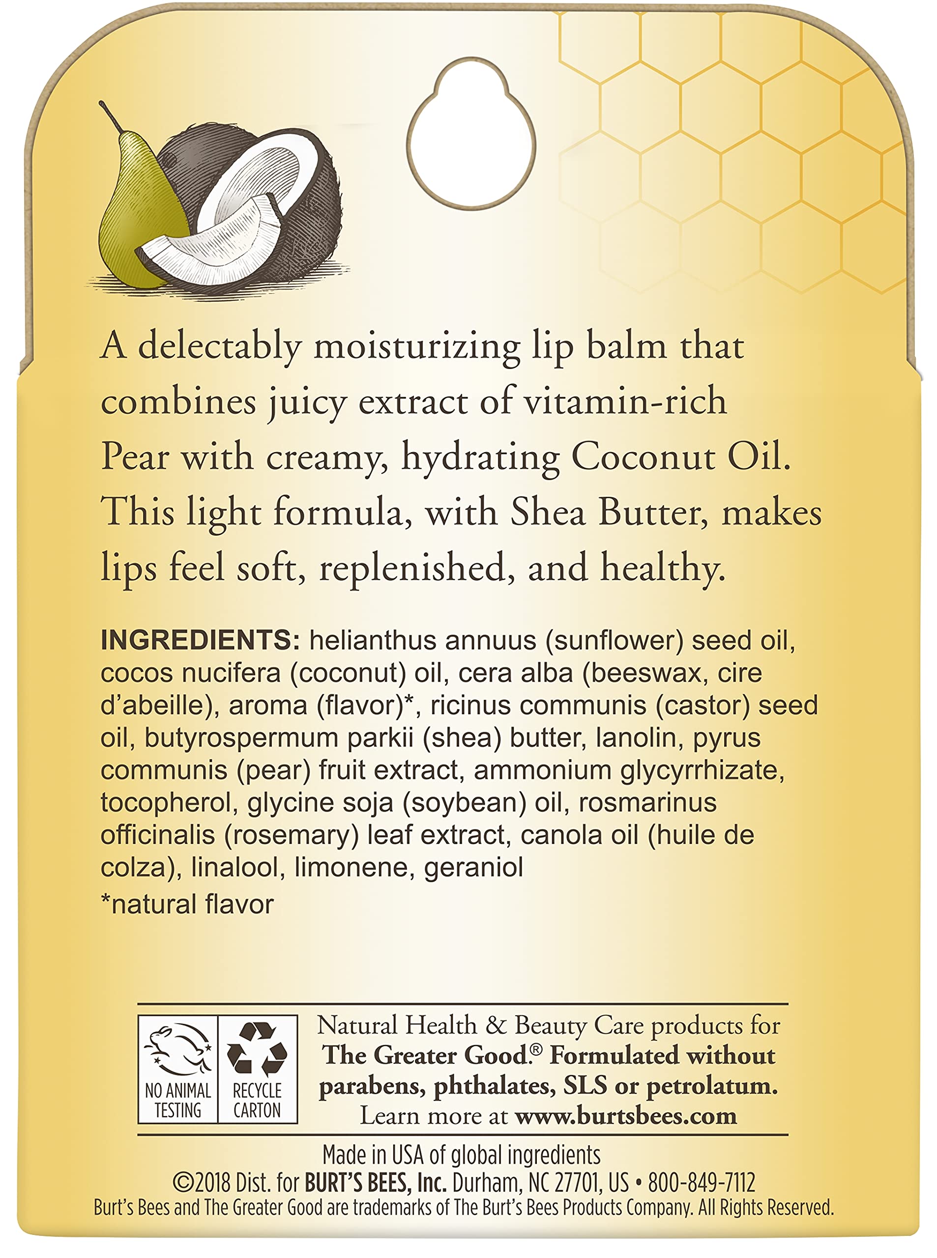 Burt's Bees 100% Natural Coconut & Pear Lip Balm with Beeswax & Fruit Extracts - 4 Pack Hydrating Moisturizer for Dry Lips | Perfect for Winter Care, Daily Use & On-The-Go Hydration
