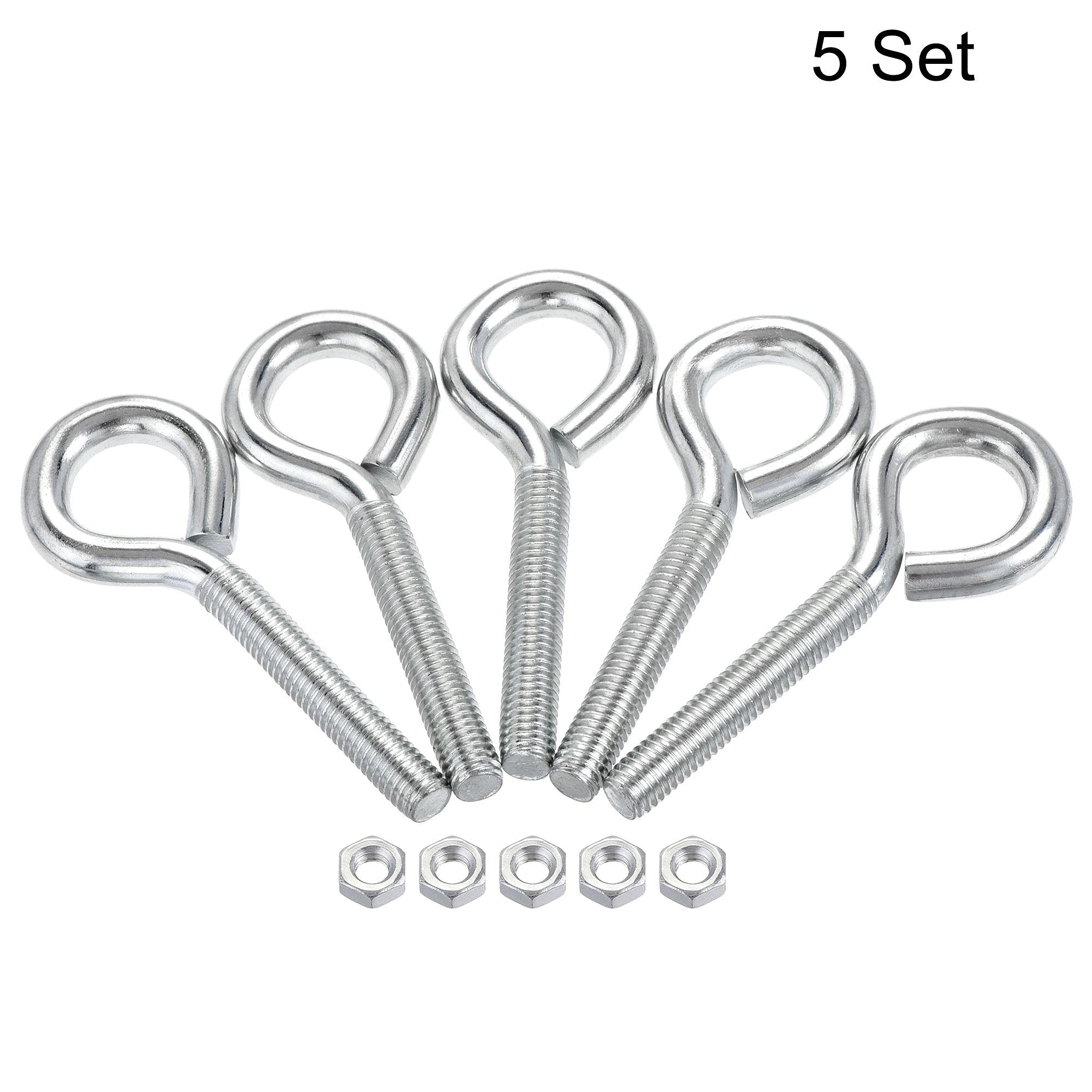 uxcell M8x50mm Eye Hooks Screws Bolts Kit - 5pcs Carbon Steel Hanger Eyelet Hooks with Hex Nuts for Metal & Wood - Perfect for Hanging Plants, Lights, and Heavy Duty Storage
