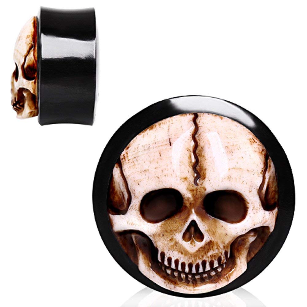 Organic Horn Saddle Plug with Skull Inlay - Gothic Jewelry for Body Piercing
