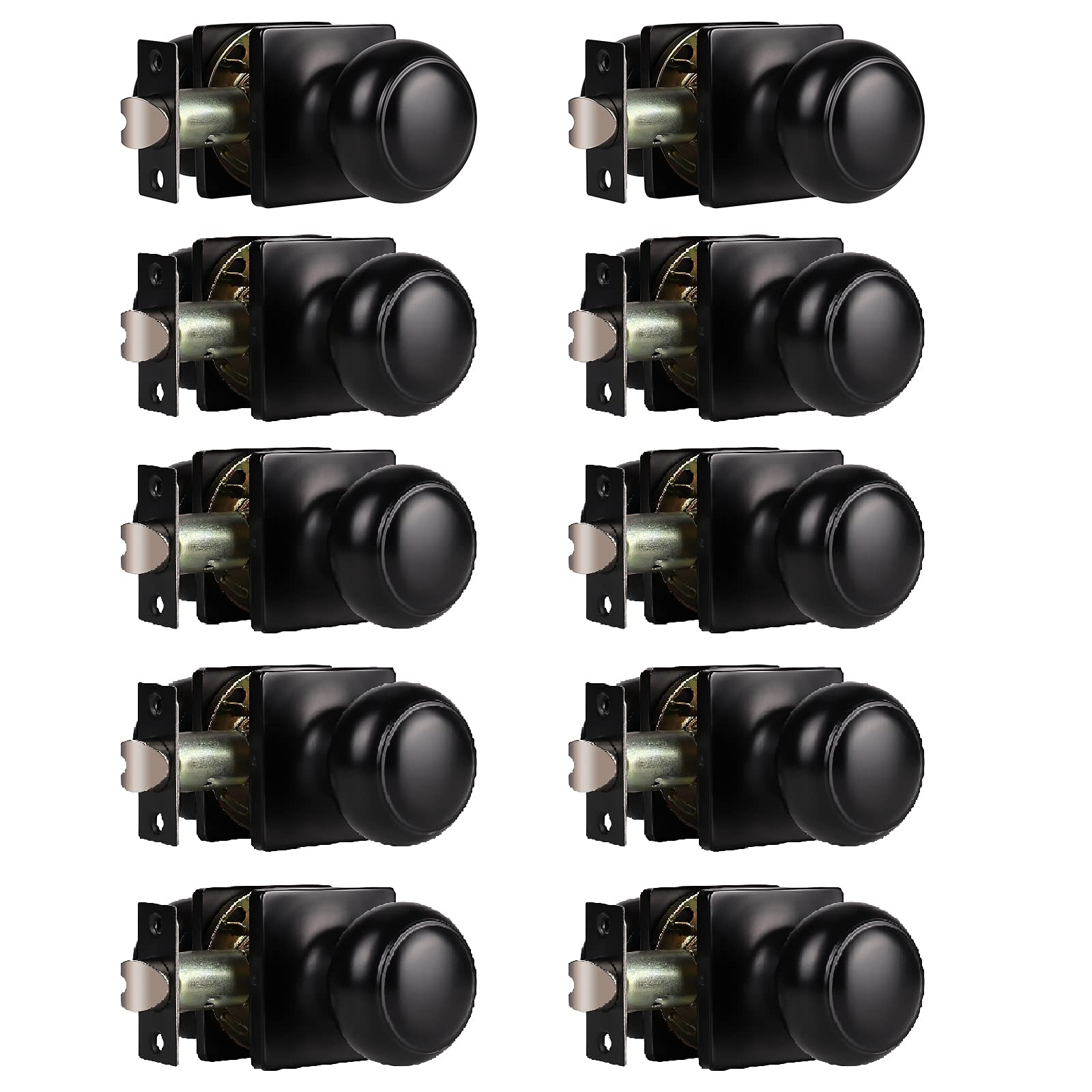 Gobrico 10 Pack Matte Black Round Passage Door Knobs with Square Rosette - Stainless Steel Keyless Indoor Handles for Closet, Hallway, Bedroom & Office Doors - Durable & Stylish Home Hardware