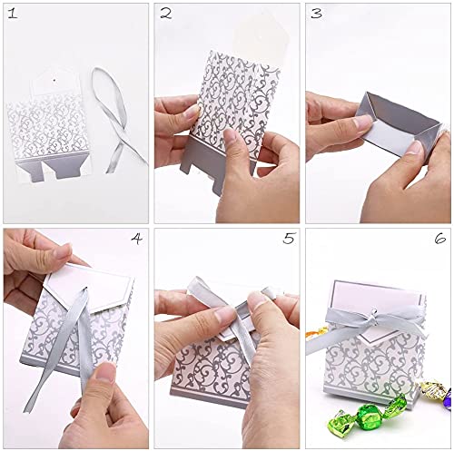 KUPOO 50PCS Silver Wedding Favor Boxes - Elegant Candy Gift Boxes with Ribbon for Wedding Party, Birthday, Baby Shower & Easter Decorations - Perfect for Candy, Cake, Chocolates and Party Favors