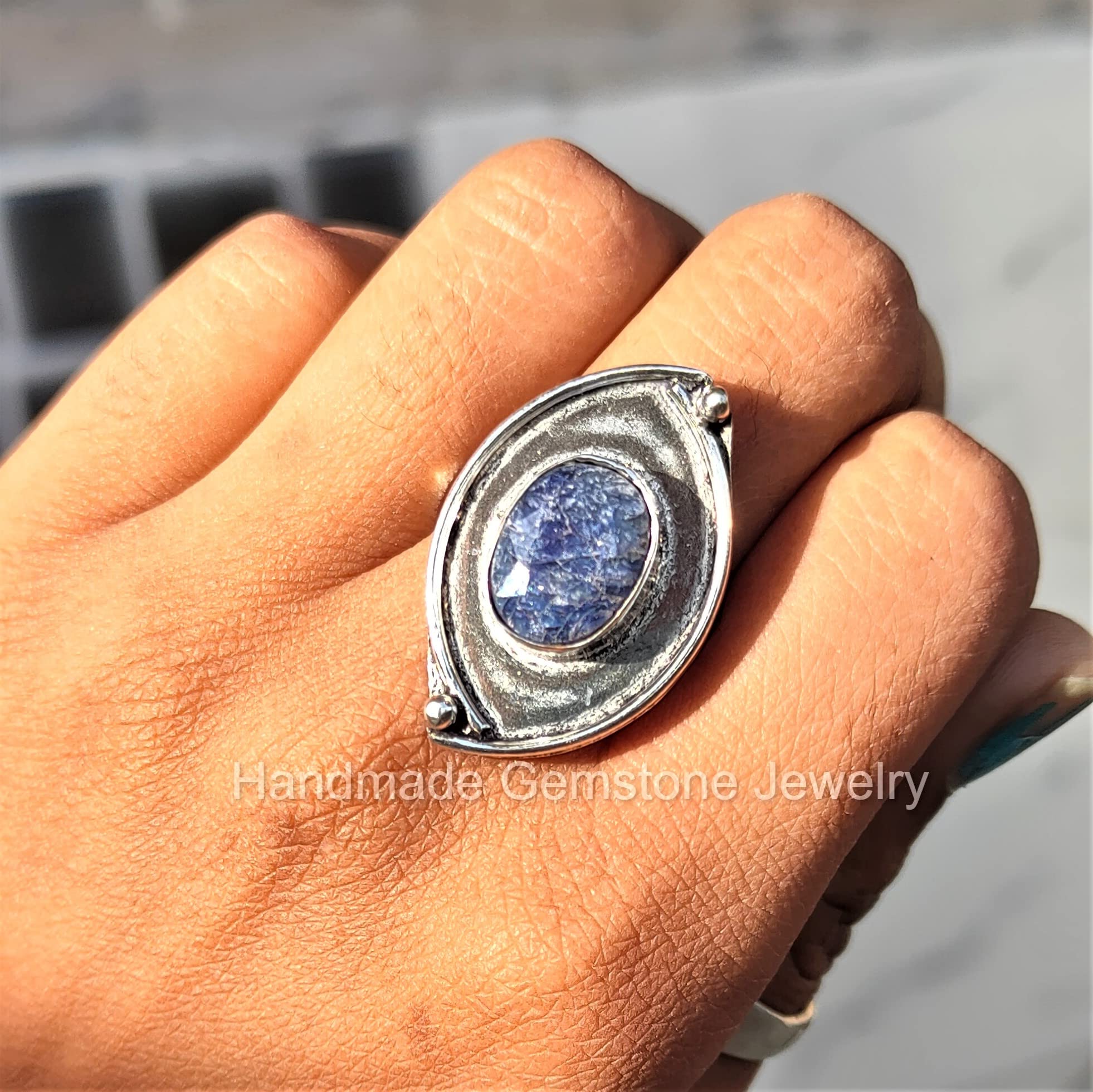 Exquisite Oval Sapphire Ring – Designer Wedding Band with Raw Blue Stone, September Birthstone Jewelry | Unique Marquise Design for Unisex Promise Rings & Special Occasions