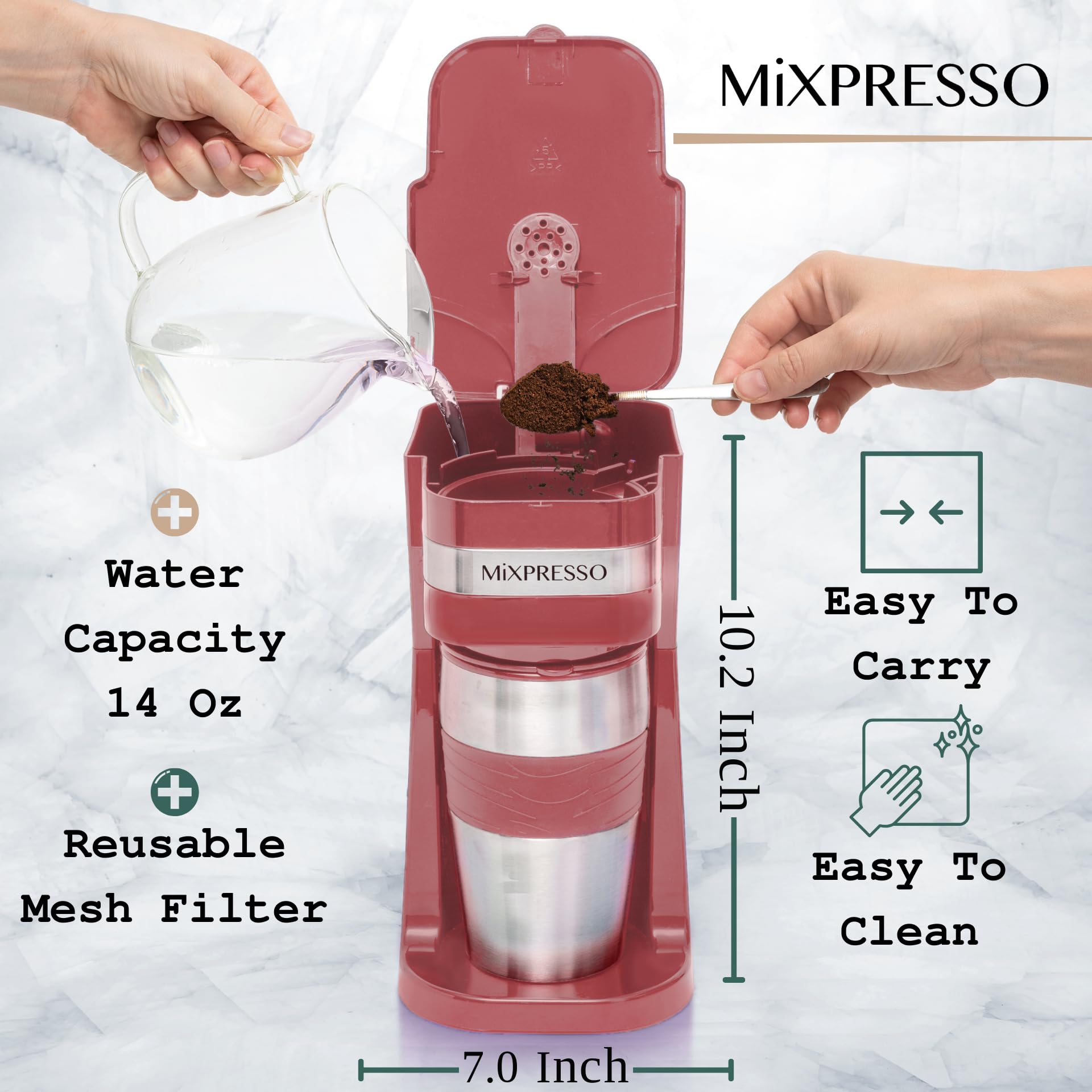 Mixpresso Personal Single-Serve Coffee Maker with 14oz Travel Mug | Compact Drip Coffee Machine & Insulated Tumbler | Auto Shut-Off & Reusable Filter | Ground Coffee Compatible | Perfect for Home, Office & Travel | Red