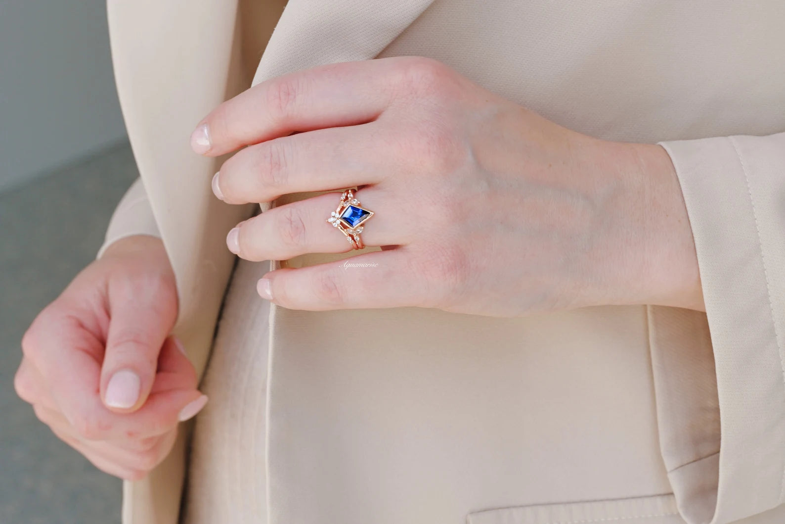 14K Rose Gold Vermeil Blue Sapphire Ring Set for Women - Elegant Jewelry Gift for Anniversary, Engagement & Special Occasions