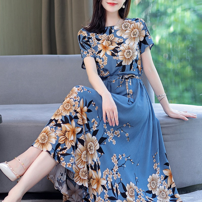 Floral Print O-Neck Women's Dresses - Elegant & Comfortable for Casual Wear, Office, and Special Occasions
