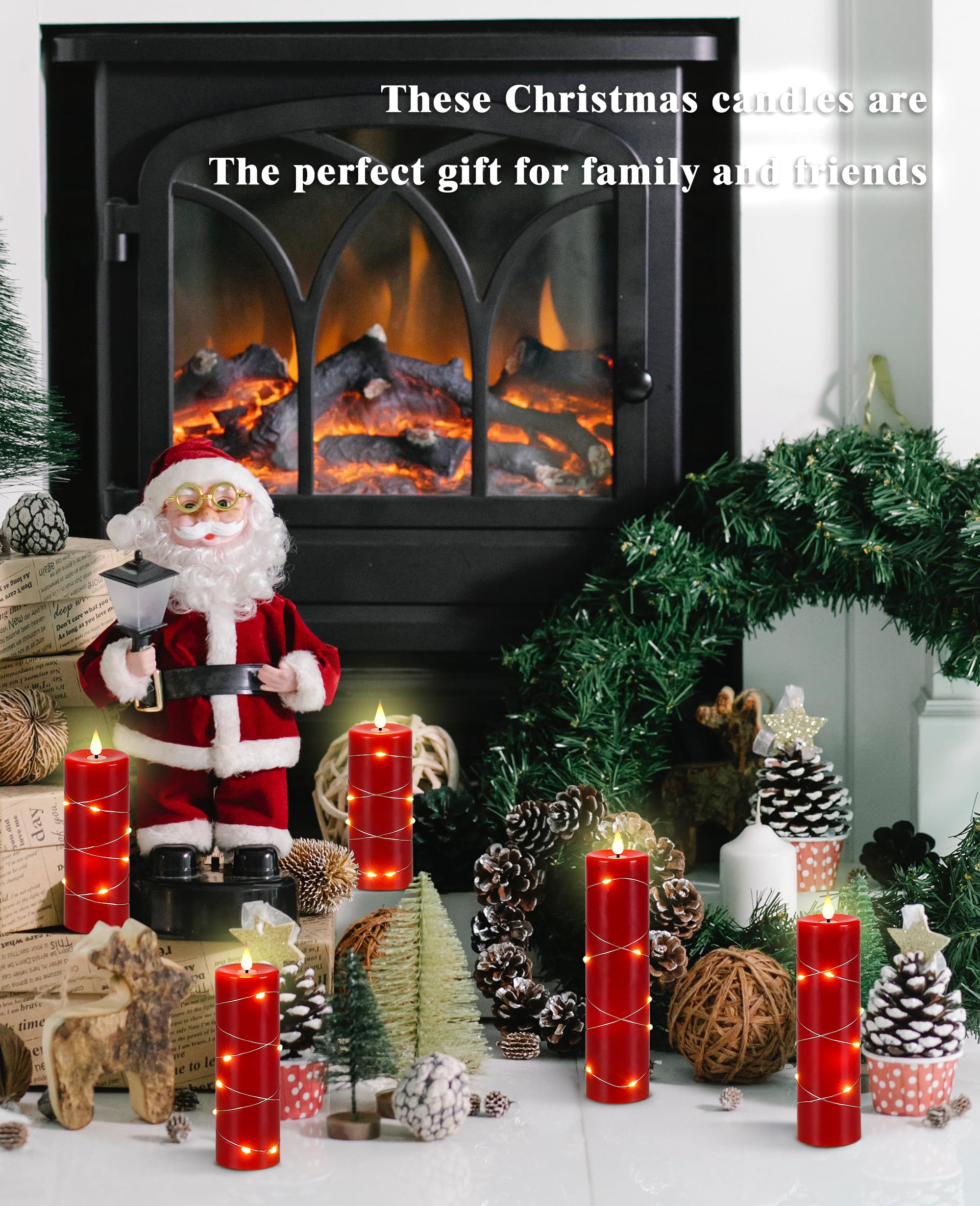 Upinmz Set of 5 Red Flameless LED Pillar Candles with Remote Control, Timer & Flickering String Lights - Battery Operated Decorative Candles for Home, Wedding, Party & Holiday Decorations