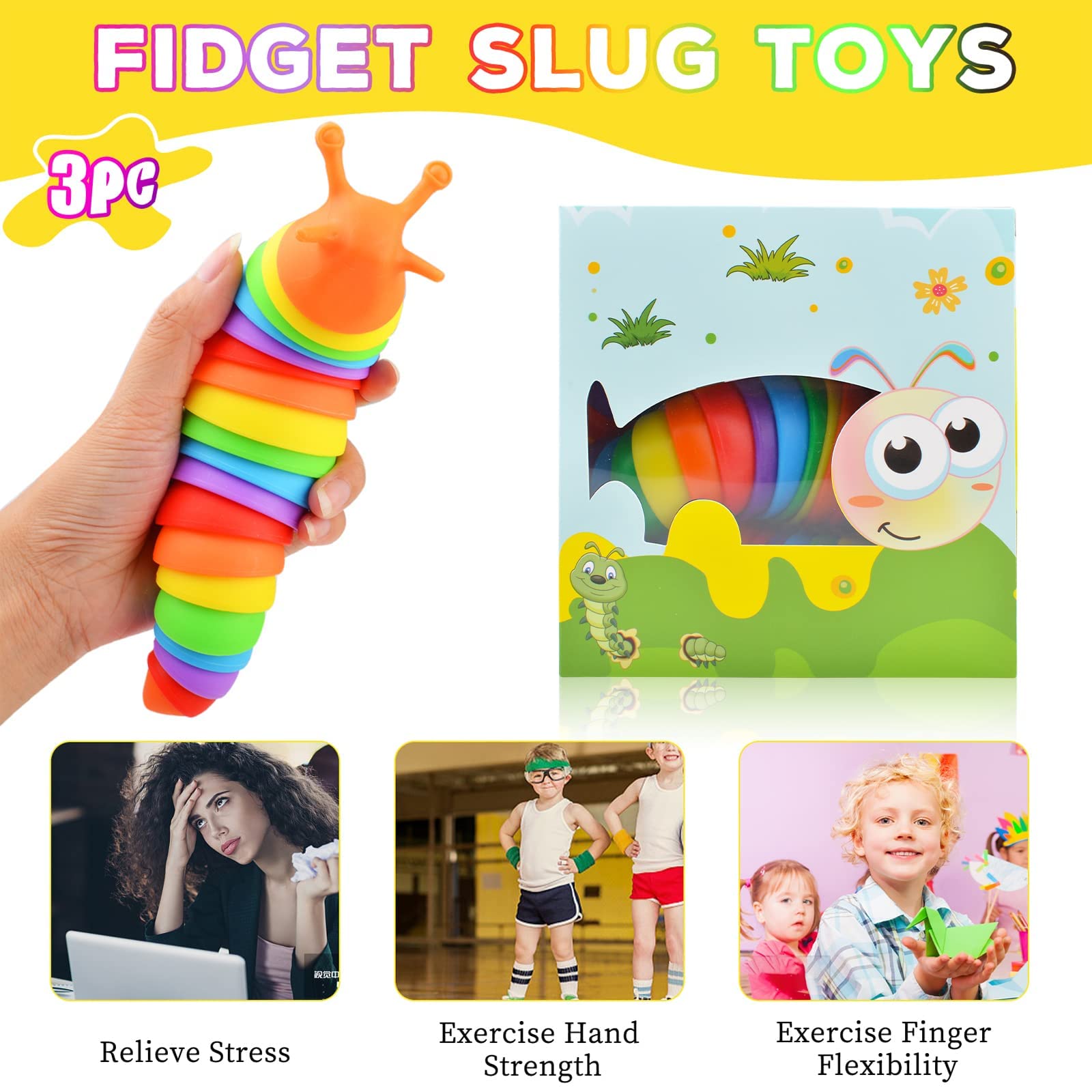 Cevioce Sensory Slug Fidget Toy - 3Pcs for Kids & Adults, Autism Stress Relief - Perfect for ASMR, Birthday Gifts