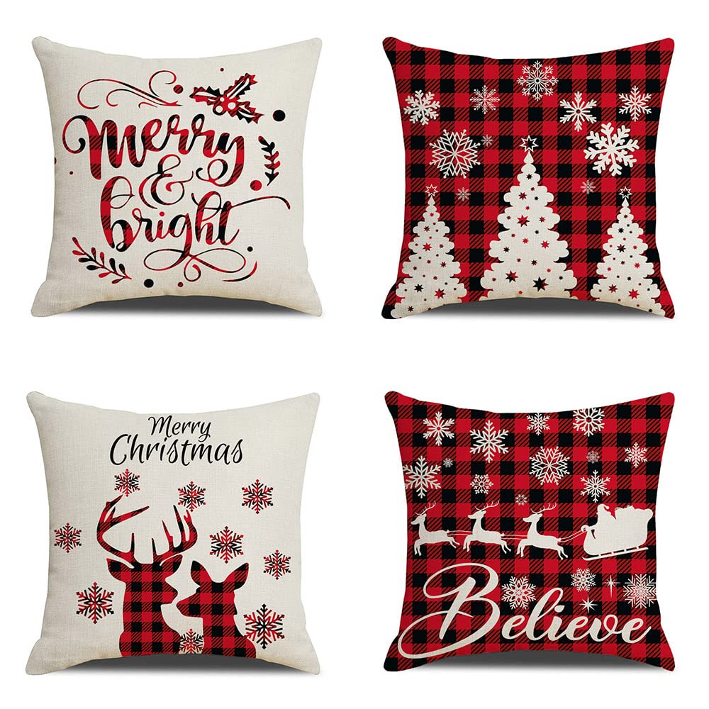 Christmas Buffalo Plaid Throw Pillow Covers 18x18 Inch Set of 4 - Decorative Holiday Cushion Covers for Sofa, Bed, Living Room & Seasonal Home Decor