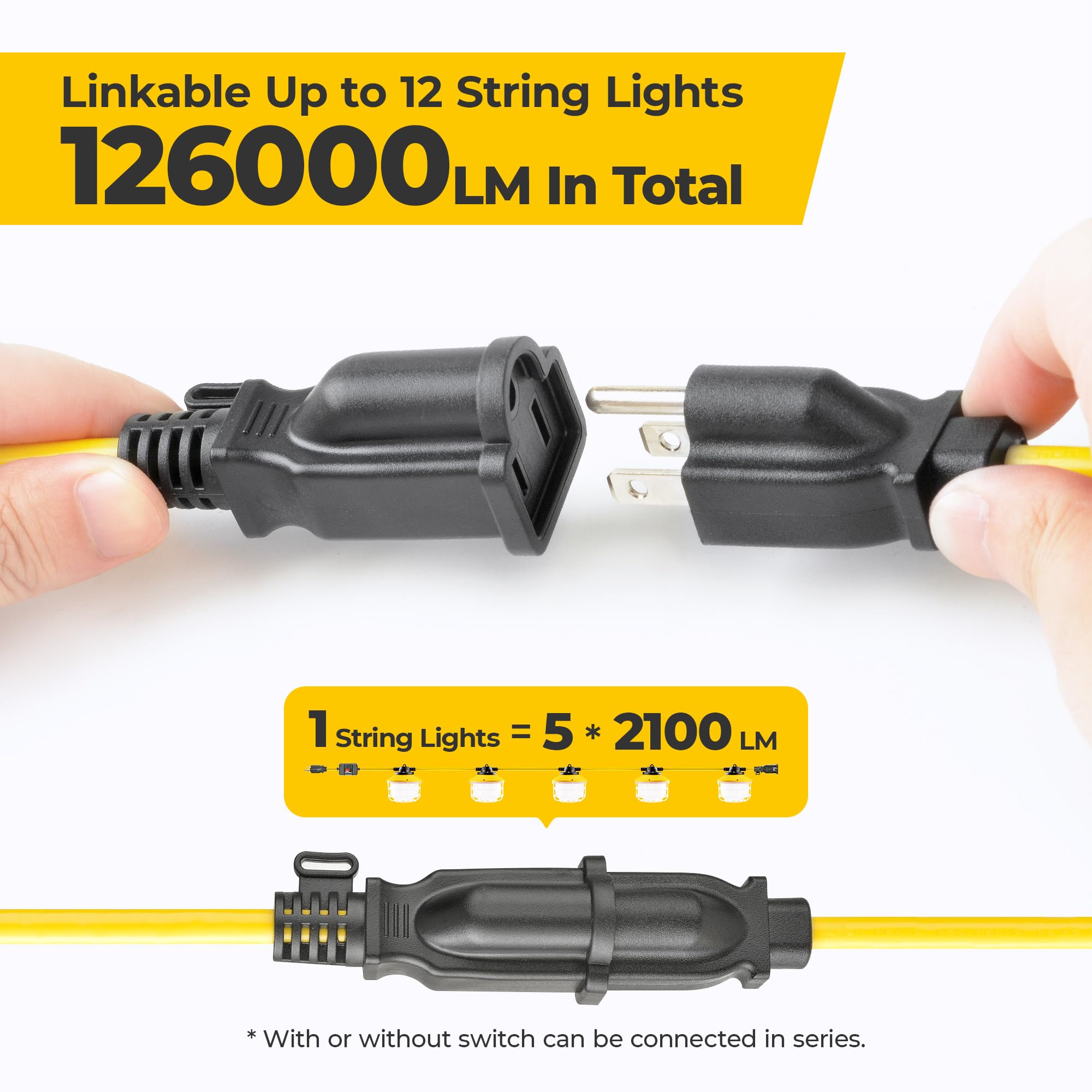 HYANGLUX 50FT Outdoor LED String Lights - 3 Prong with Switch, 75W 10500LM ETL Certified - Waterproof IP65 Construction Work Light for Jobsite, Garage, Attic - Perfect for Temporary Lighting, Backyard Parties, and Holiday Decorations