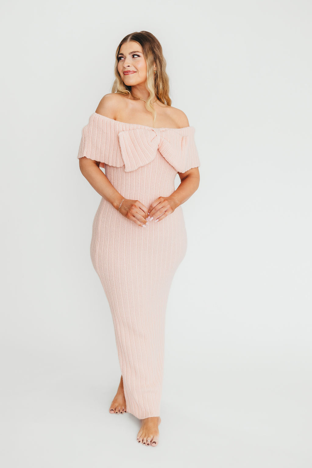 Aston Bow Front Maxi Sweater Dress in Pinkish Petal - Bump Friendly Maternity Dress, Inclusive Sizing (S-3XL) | Cozy Winter Outfit, Casual Office Wear & Special Occasion Dress