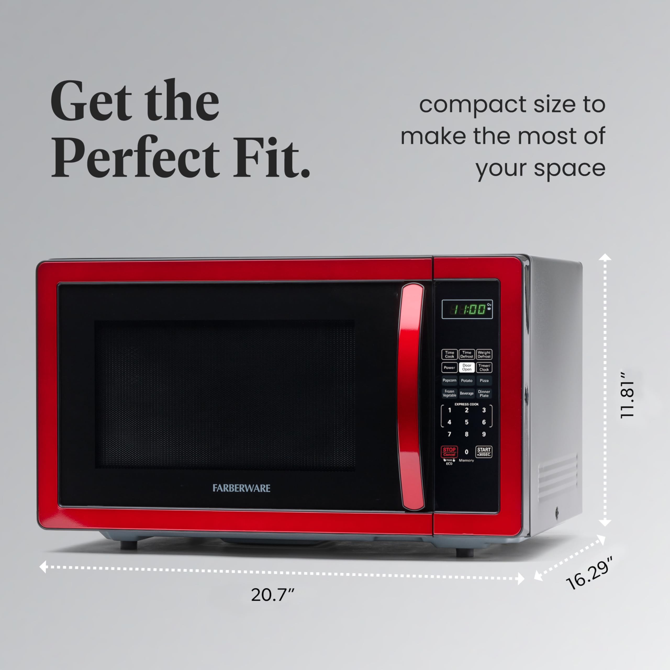 Farberware 1.1 cu ft 1000W Countertop Microwave Oven with LED Lighting & Child Safety Lock - Compact Space-Saving Design for Small Kitchens, Dorms, Apartments - Easy Clean Stainless Steel Red Finish - Perfect for Quick Meals, Reheating Food & Defrosting