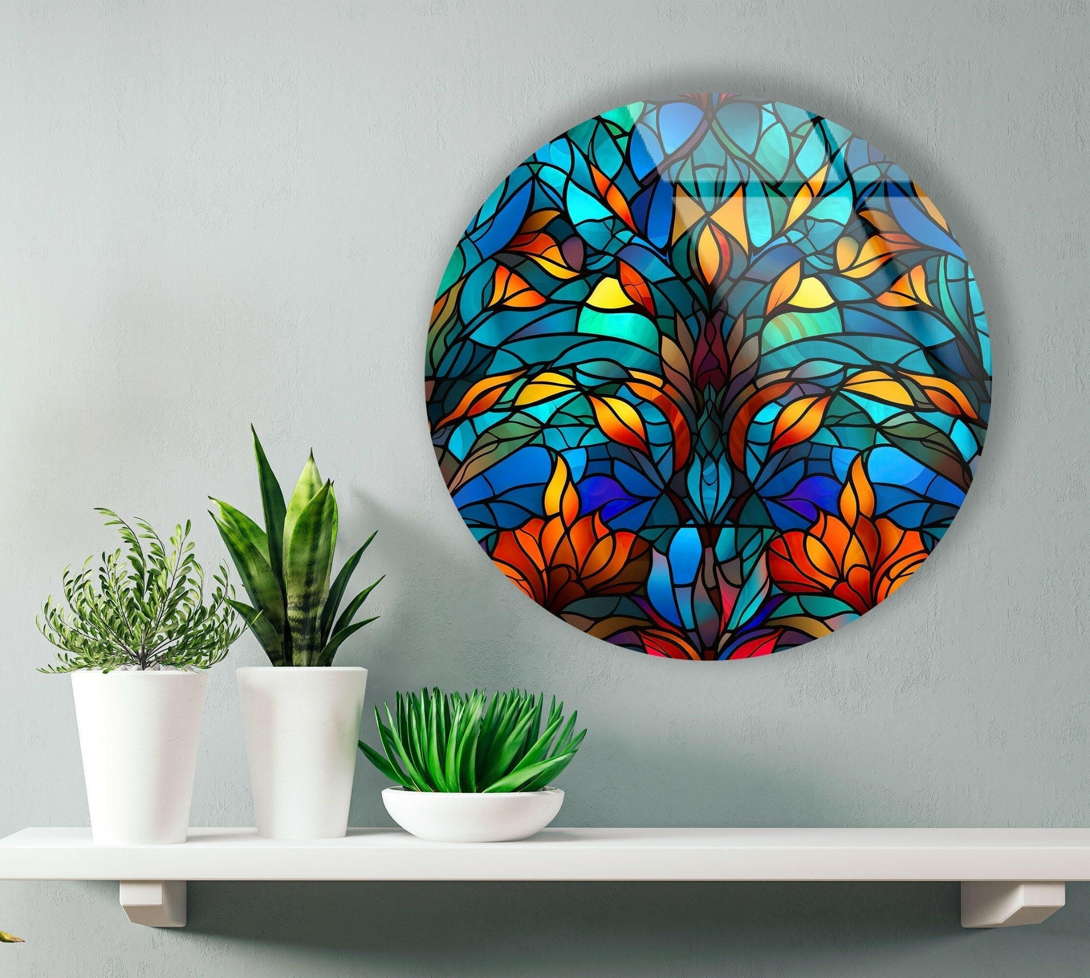 Blue Stained Glass Round Tree Wall Art - Handmade Home Decor for Living Room, Bedroom & Office