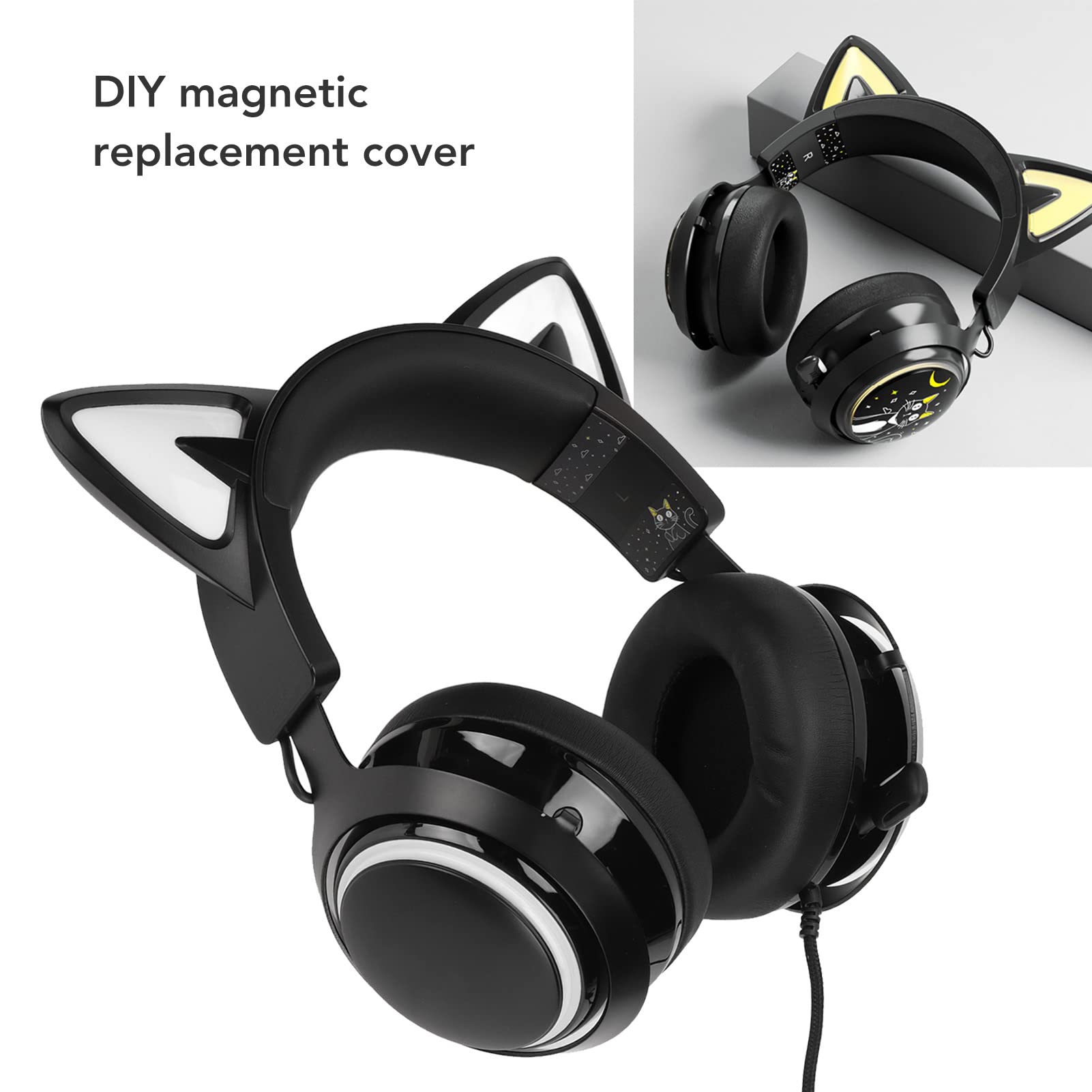 Katzenohr Gaming Headset with Microphone - RGB LED Light Effects, 3 Sound Modes, Retractable Headphones for PC/PS4/Xbox (Black) - Perfect for Streaming, Gaming & Online Classes