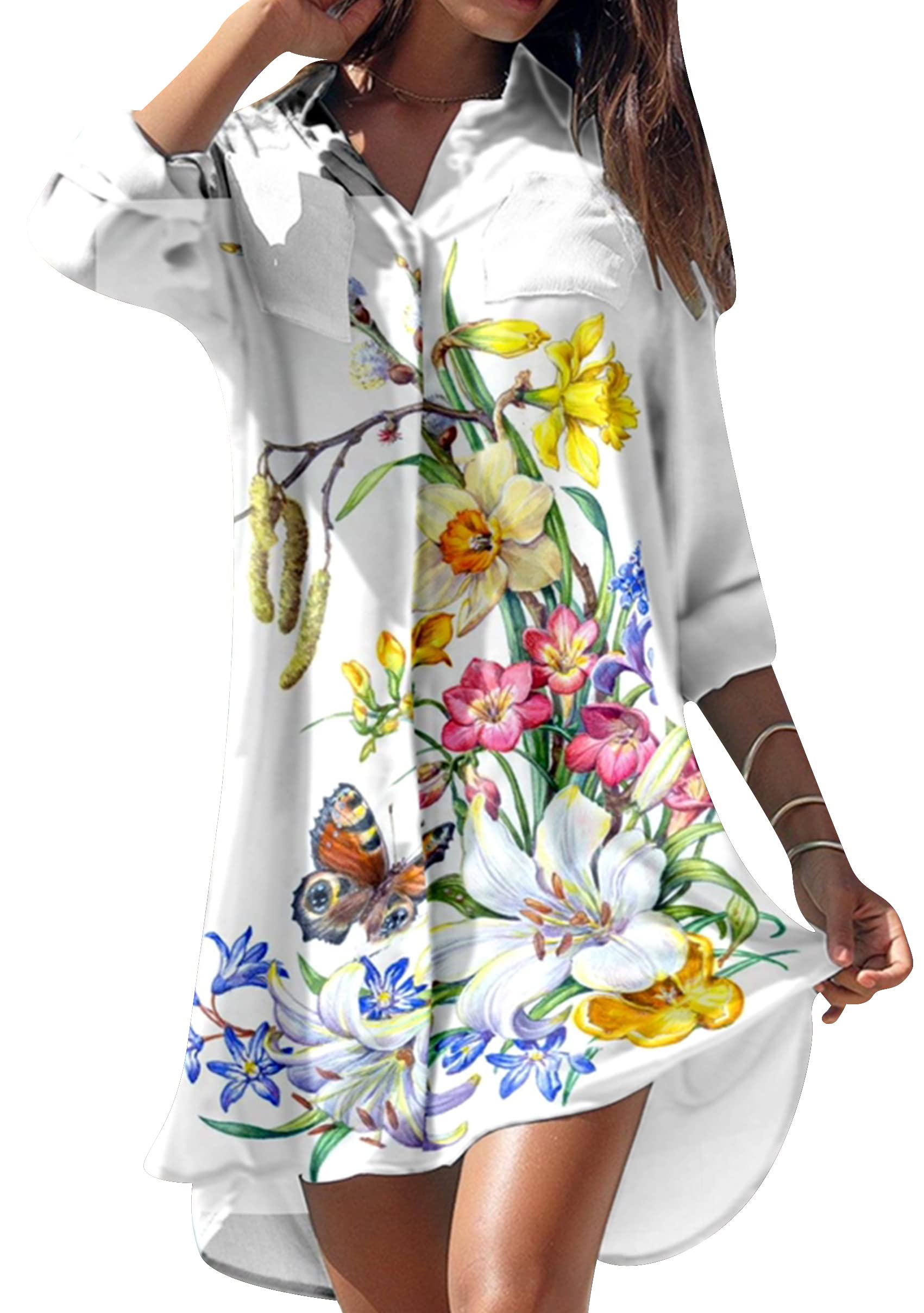 YMING Women's Floral Print Button Down Long Sleeve Shirt Dress - Casual Loose Fit Mini Dress with Pockets for Beach, Vacation & Summer Outfits