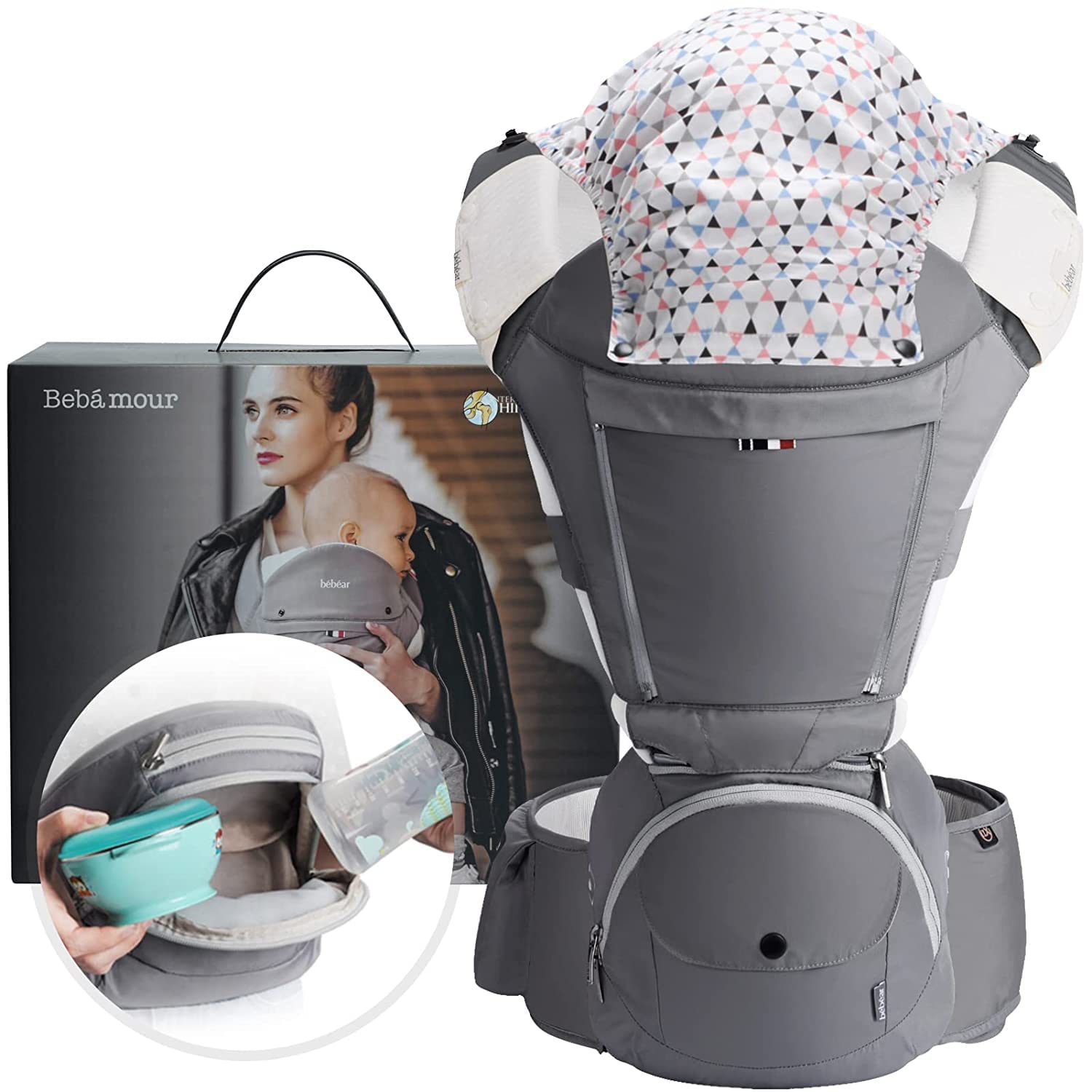Bebamour 6-Position Ergonomic Baby Carrier - Adjustable Infant & Toddler Carrier for All Seasons, Alphax Design (Grey) - Perfect for Hiking, Shopping & Hands-Free Parenting