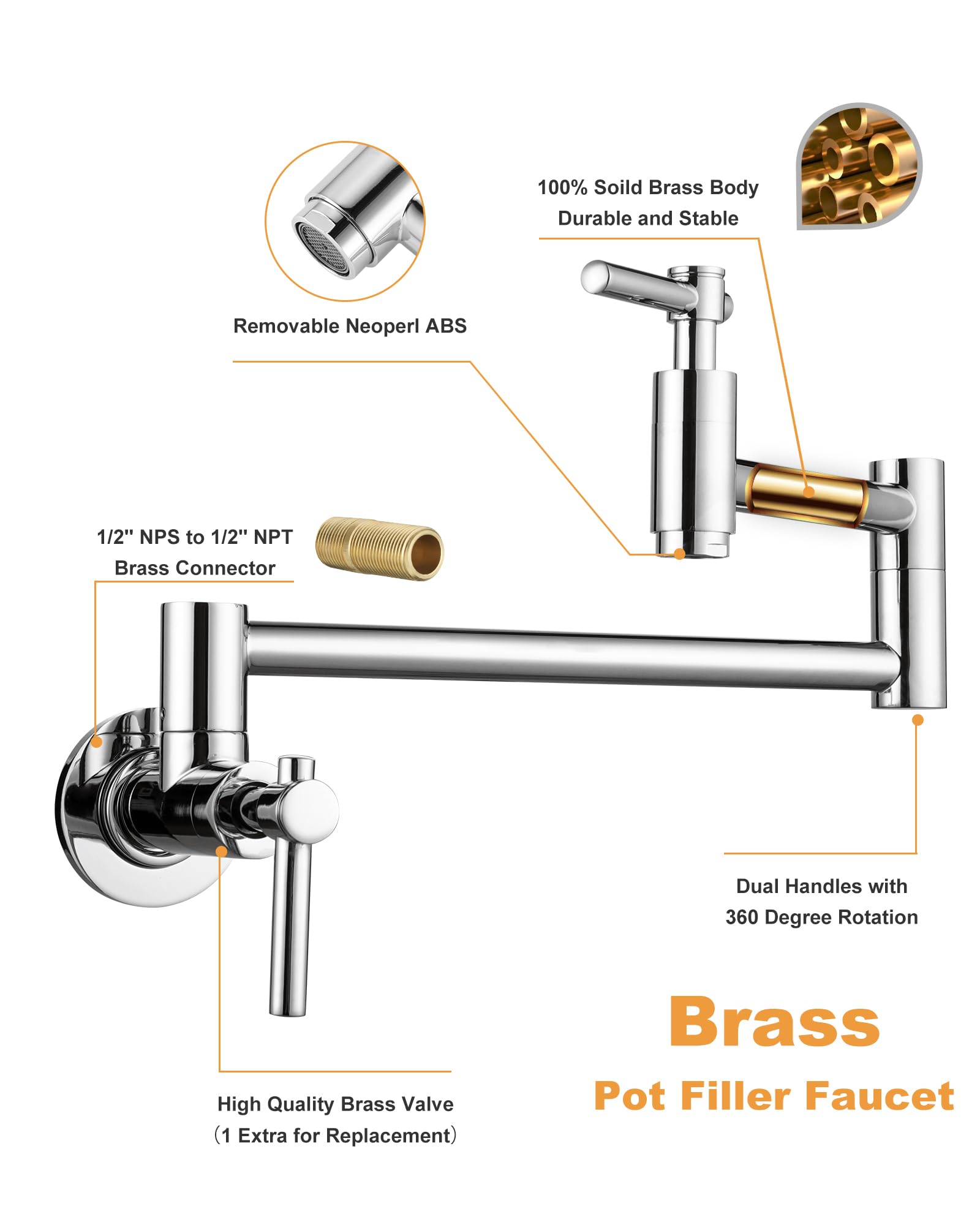 Solid Copper Chrome Wall Mount Pot Filler Faucet - Single Hole Folding Kitchen Faucet with Double Joint Swing Arm for Over Stove Installation | Perfect for Filling Pots, Pans & Large Containers While Cooking