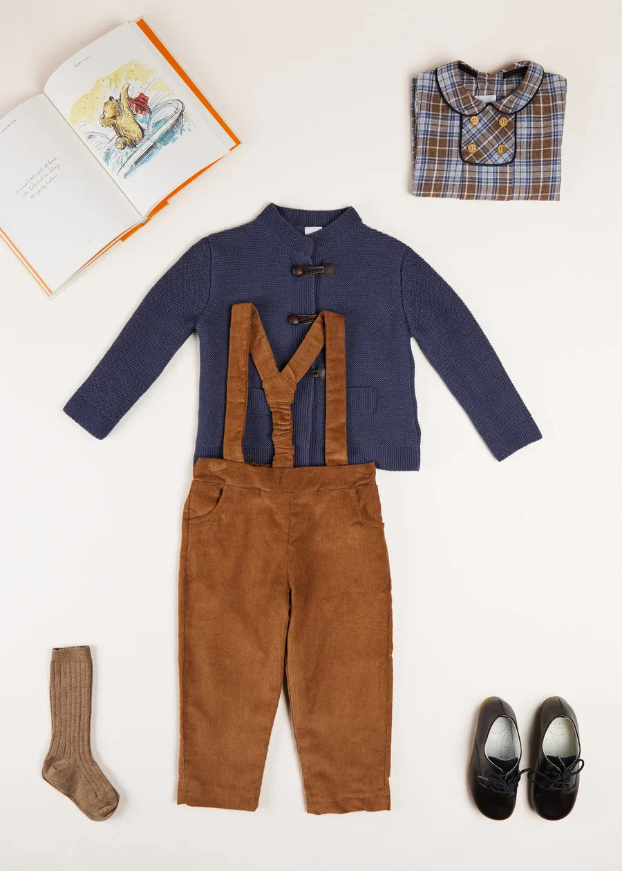 Stylish Brown Corduroy Trousers with Suspenders for Baby Boys - Perfect for Family Photos & Special Occasions