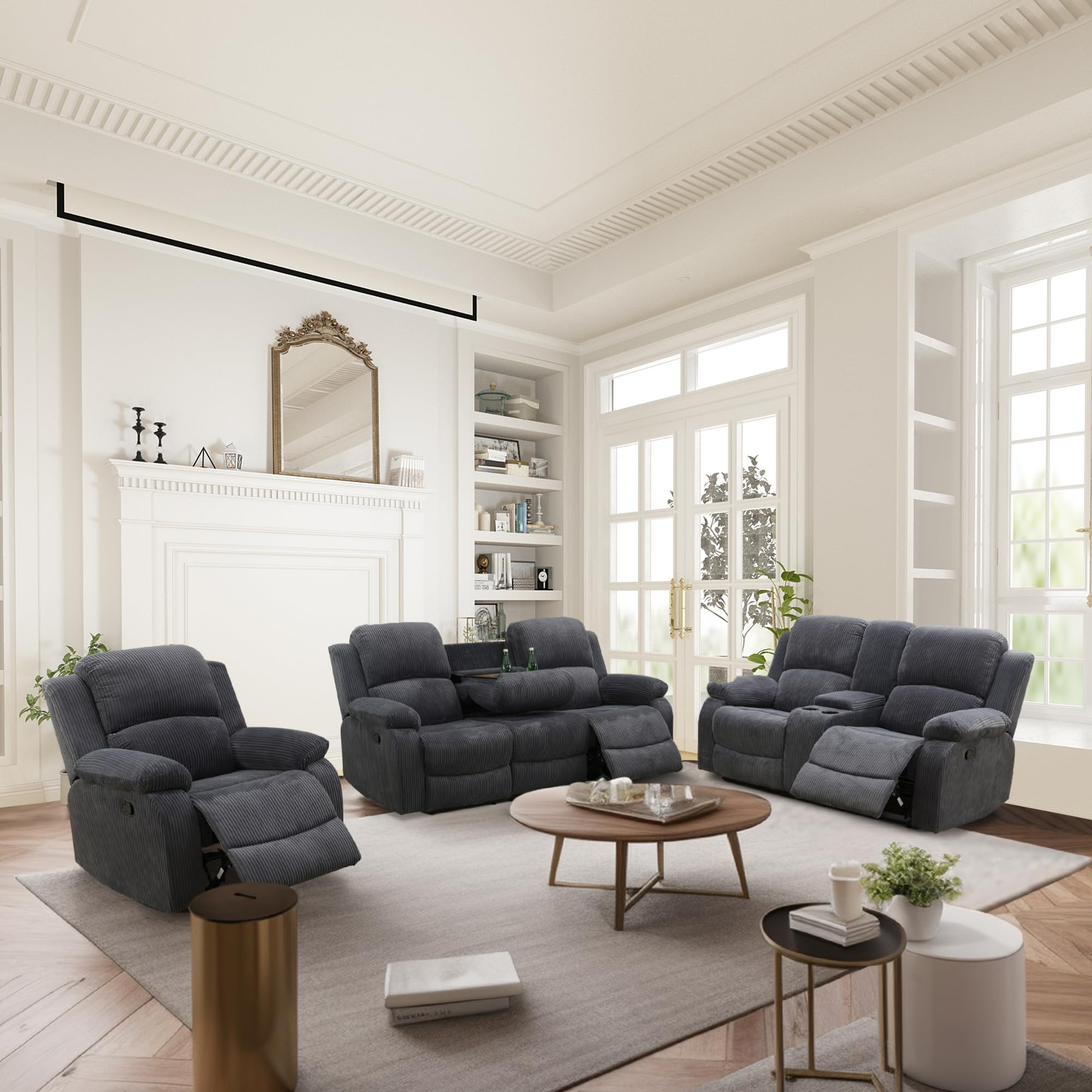 Premium 3-Piece Recliner Sofa Set with Cup Holders & Storage Console - Flannel Fabric Living Room Furniture in Dark Grey | Comfortable Reclining Couch Set for Home Theater, Family Room & Relaxation Spaces