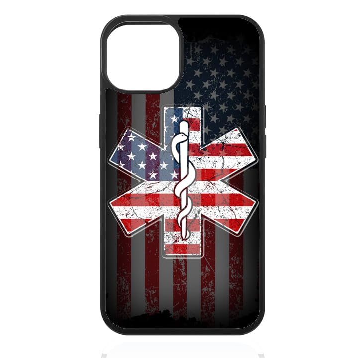 Vintage EMS EMT USA Flag Distressed American Paramedic Logo iPhone 13 Case - Durable Non-Slip TPU Rubber Shockproof Slim Protective Cover - Perfect for First Responders, Medical Professionals & Patriotic iPhone Users (Black)