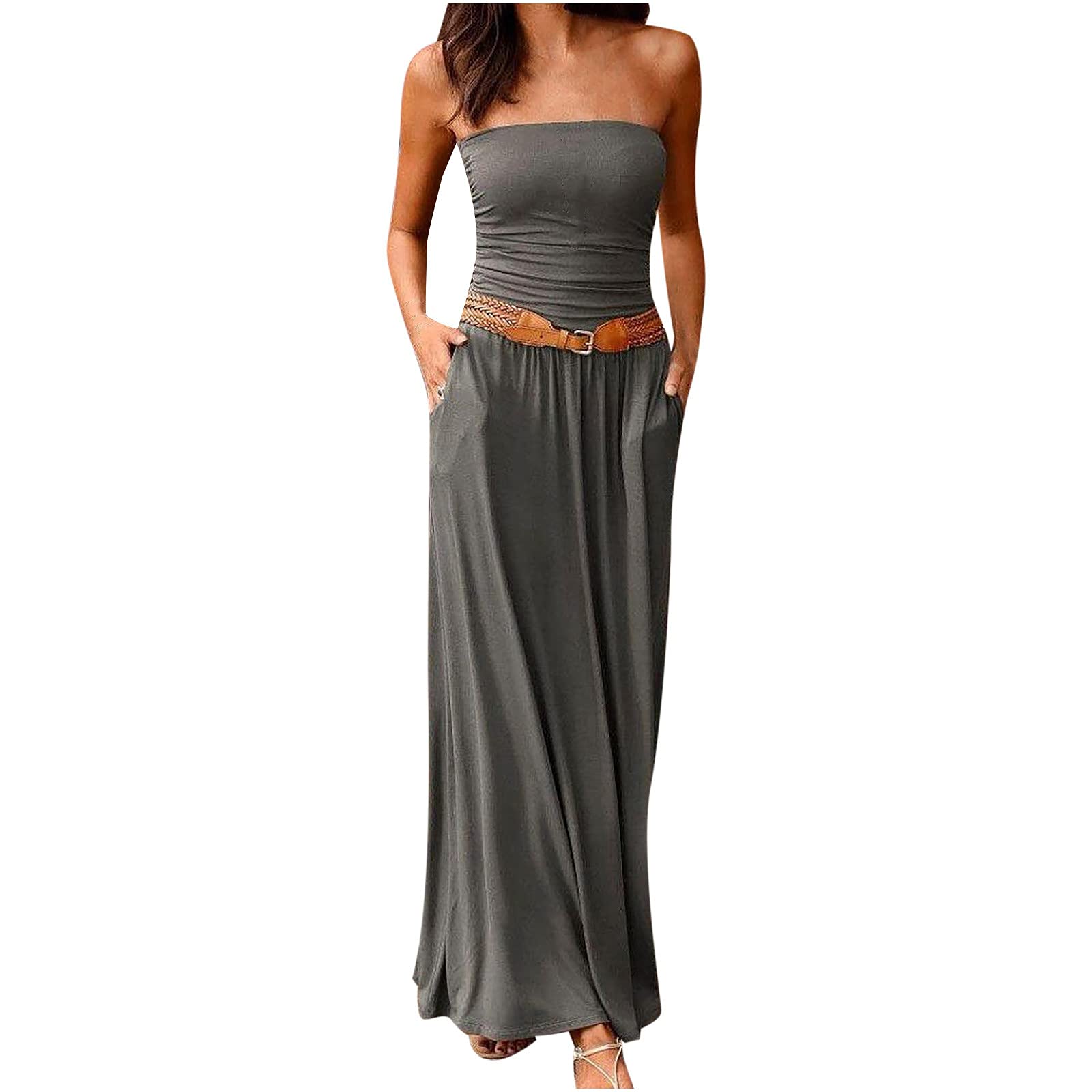 MFNDVD Women's Maxi Dresses 2023 - Casual Strapless Sundress with Pockets, Wedding Guest Dress, Summer Beach Dress | Perfect for Vacations, Parties & Outdoor Events
