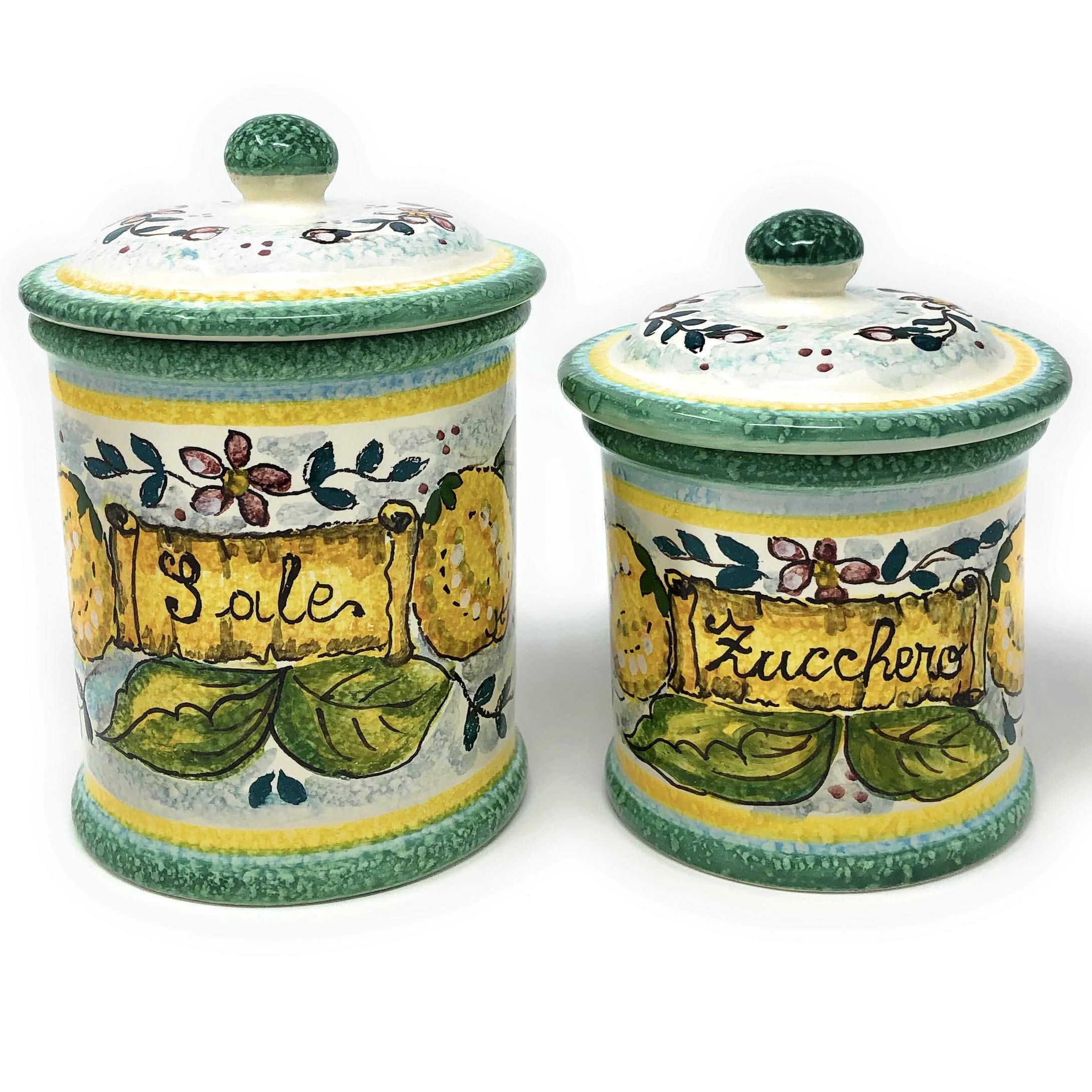 Italian Ceramic Food Storage Jars Set - Hand Painted Tuscan Lemon Design Kitchen Canisters for Salt, Sugar & Spices | Artisan Pottery Made in Italy | Perfect for Farmhouse, Rustic & Mediterranean Style Kitchens
