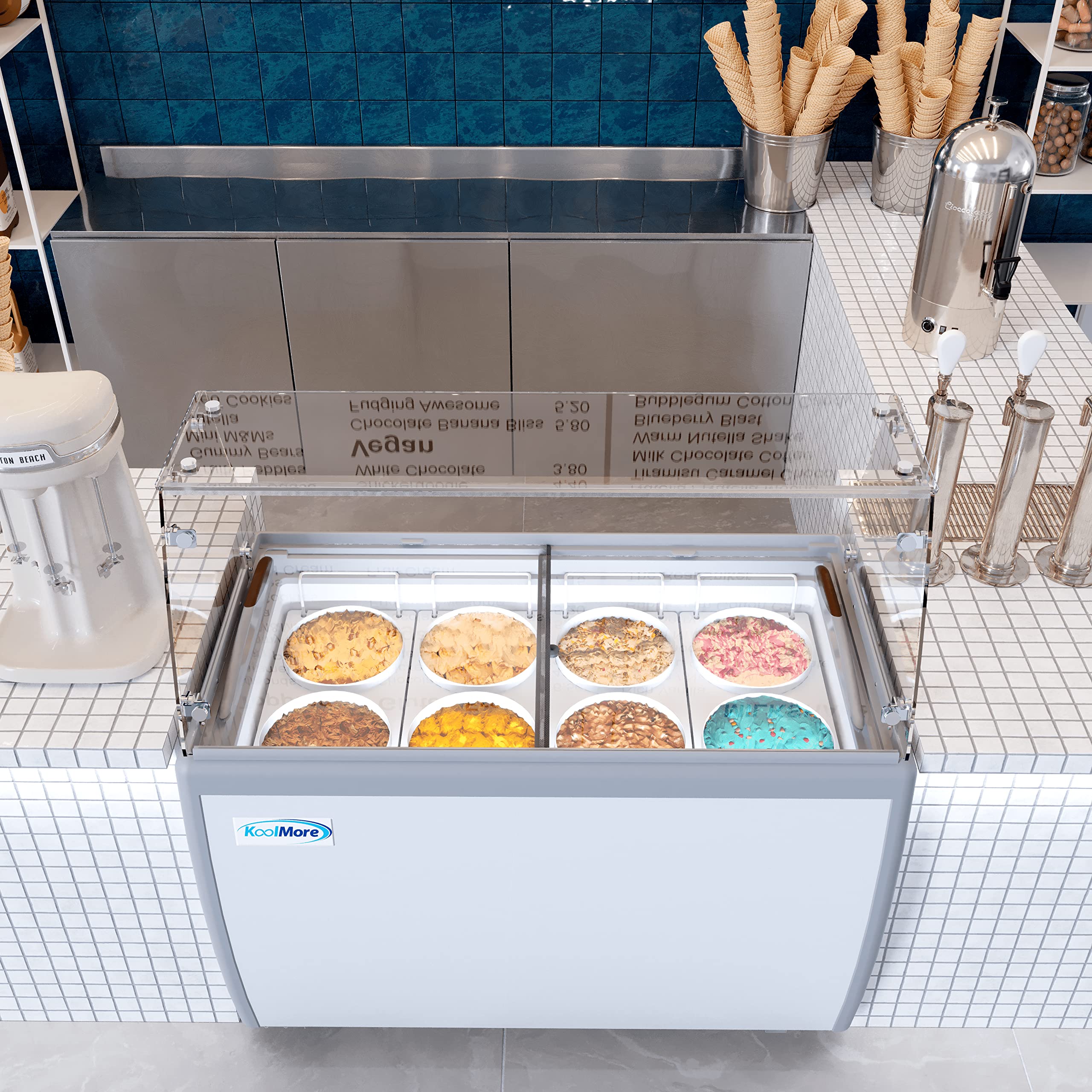 Koolmore 49-Inch Commercial Ice Cream Dipping Cabinet with Sneeze Guard - 8 Display Tubs, 6 Storage Tubes, Sliding Glass Door & Locking Wheels - 13 Cu. Ft. Ice Cream Display Case for Restaurants, Cafes & Dessert Shops (KM-ICD-49SD-FG)