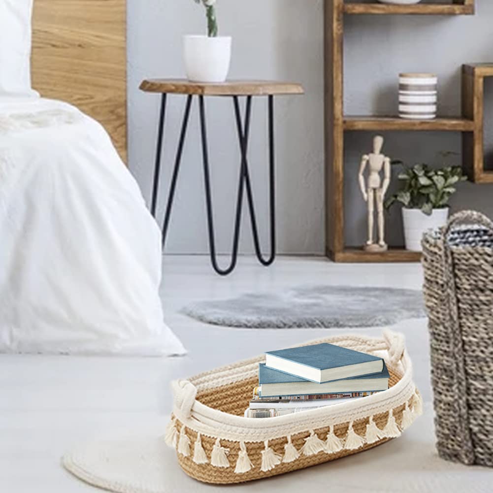 HOSROOME Small Woven Storage Basket - Boho Decor Organizer for Bedroom, Nursery, Living Room & Entryway - Natural Beige Home Organization Solution | Perfect for Toys, Blankets, Magazines & Home Decor