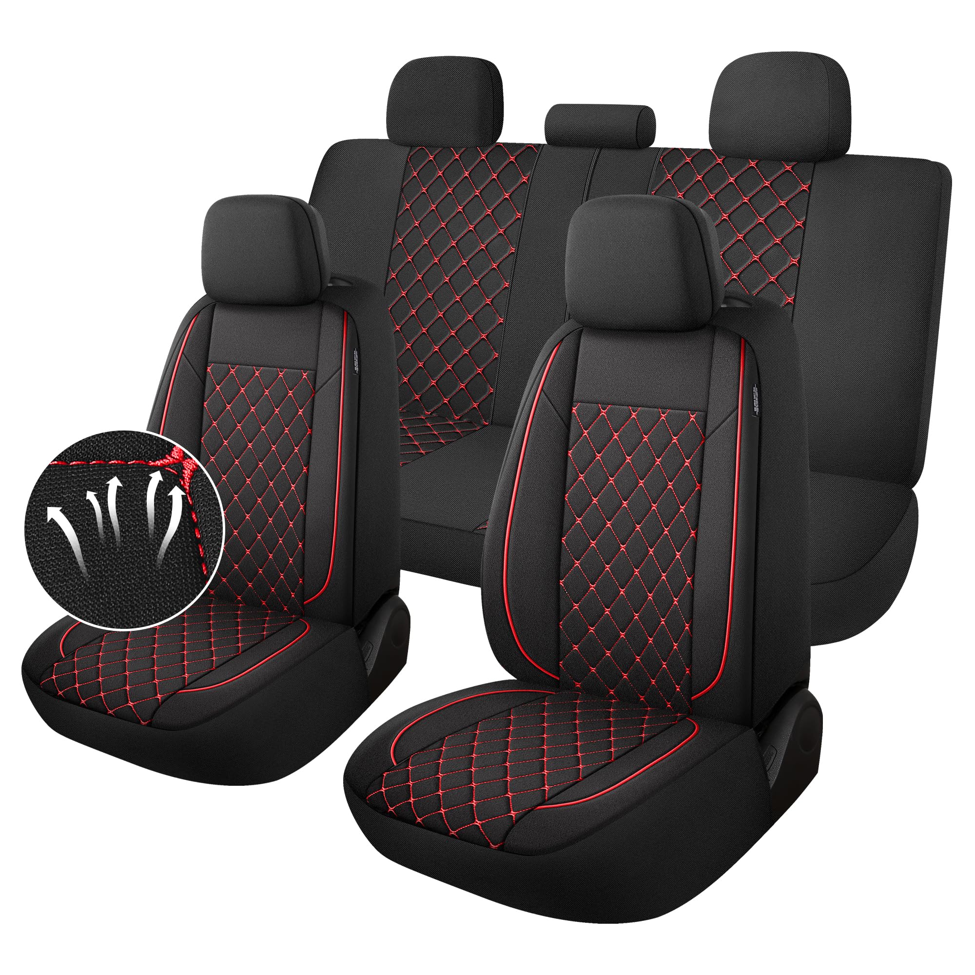 Breathable Car Seat Covers Full Set - Premium Washable Cloth Seat Protectors for Sedan, Van, Truck & SUV - Interior Car Accessories (Black/Red) - Perfect for Daily Commute, Road Trips & Pet Protection