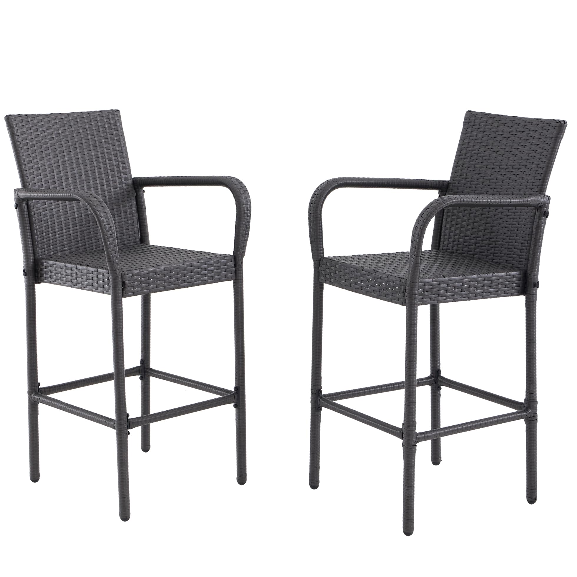 2-Piece Outdoor Bar Stools Set with Armrests & Backrest - All-Weather Wicker Rattan Patio Chairs for Backyard, Garden, Poolside, Balcony & Deck - Perfect for Outdoor Entertaining & Relaxation