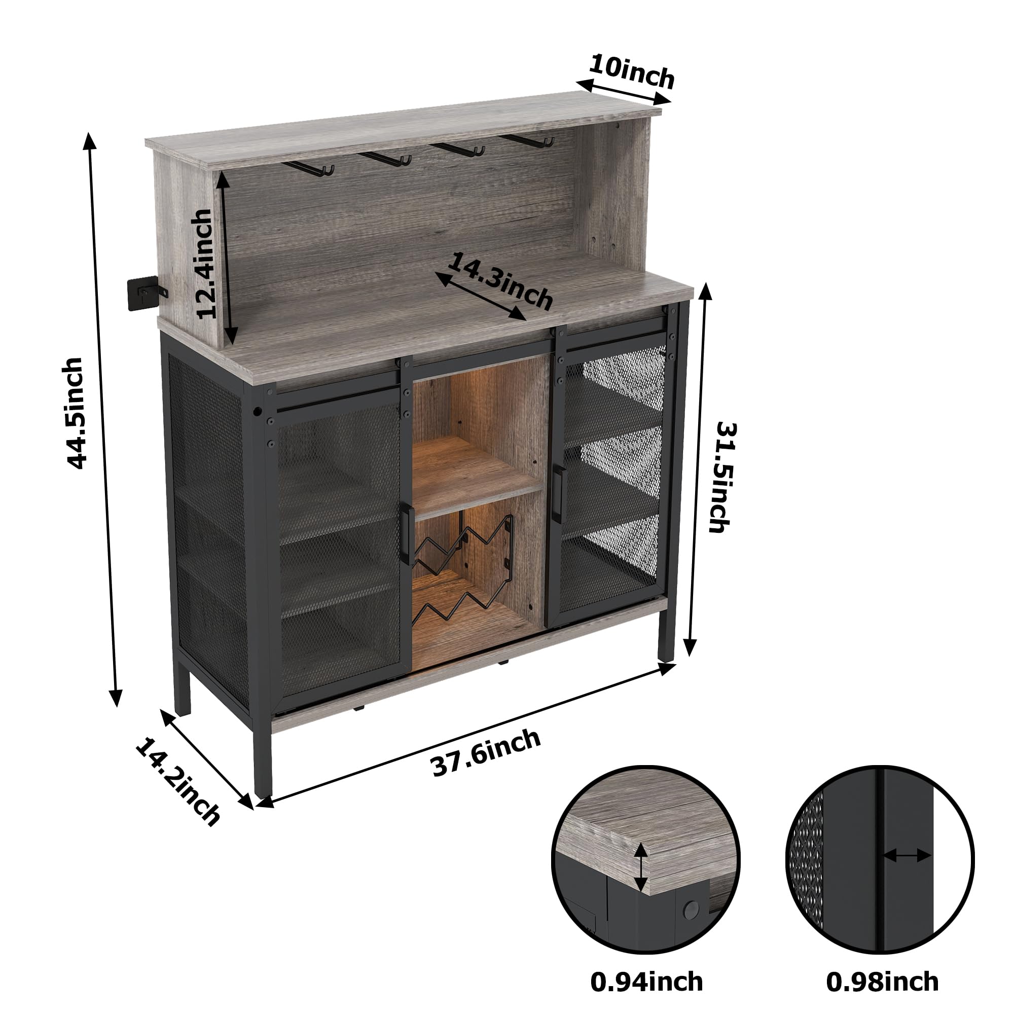 QNICE Farmhouse Coffee & Wine Bar Cabinet with Sliding Barn Door - Rustic Oak Buffet Storage with Wine Rack, Glass Holder & LED Lighting for Kitchen, Living Room, Dining Room - Perfect for Entertaining Guests & Home Decor