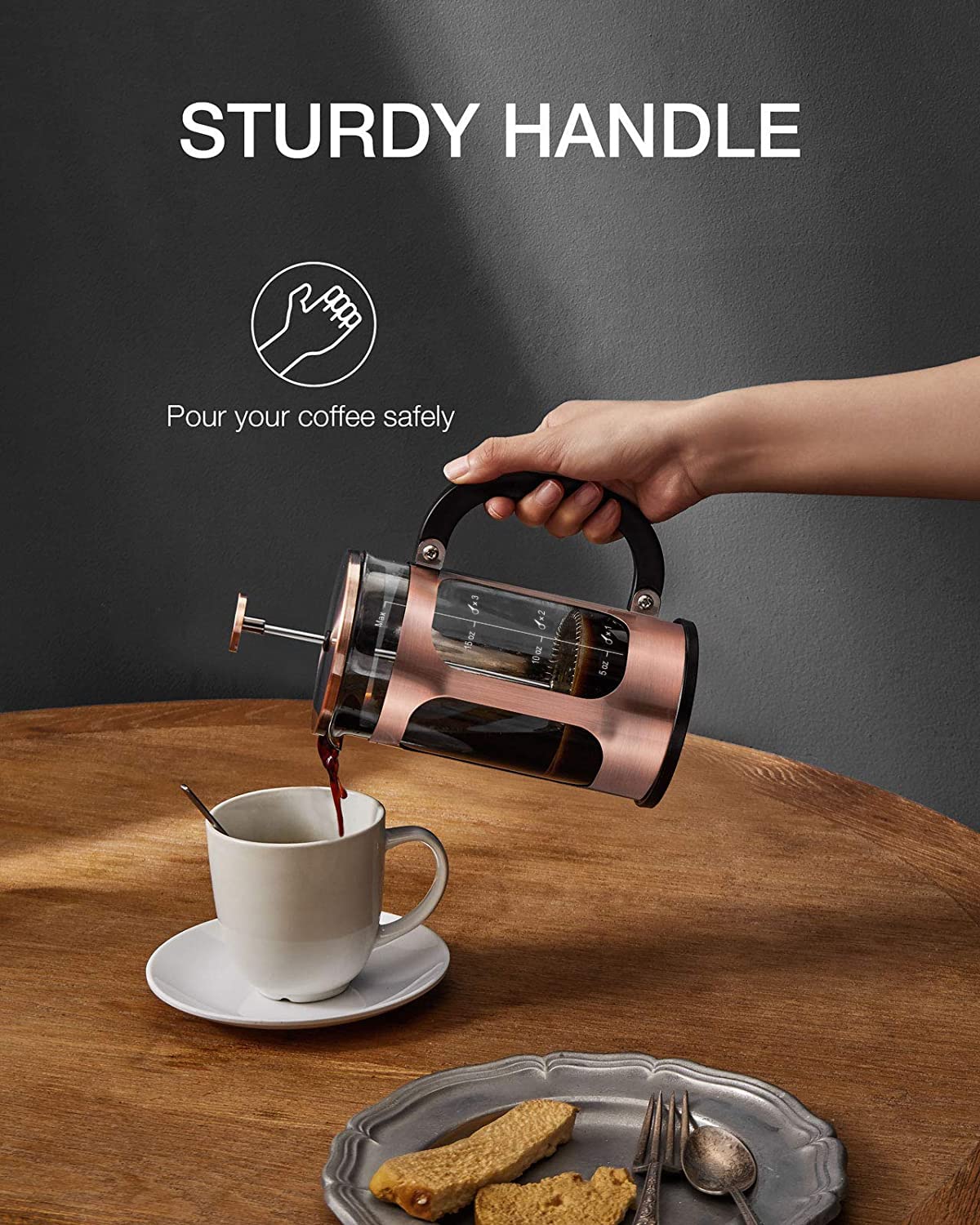 BAYKA 21oz (0.6L) French Press Coffee Maker - Small Single Serve Brewer with Heat Resistant Borosilicate Glass & Stainless Steel - Ideal for Home, Office, Camping & Travel - Makes Hot Coffee, Tea & Cold Brew