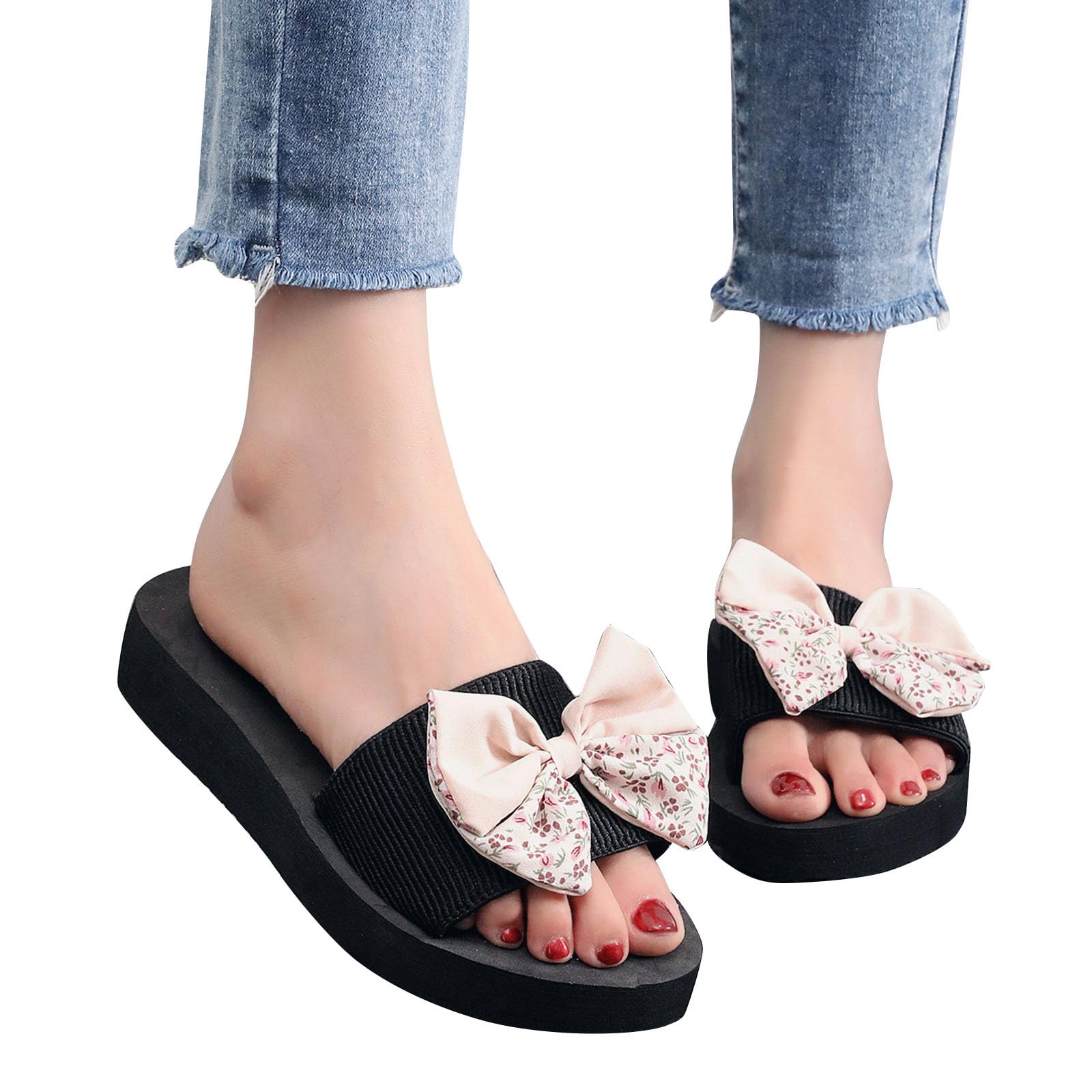 Oelaio Women's Summer Flip Flops - Boho Linen Floral Bow Flat Sandals for Women | Comfortable Beach Sandals, Casual Walking Shoes for Vacation, Poolside & Outdoor Wear