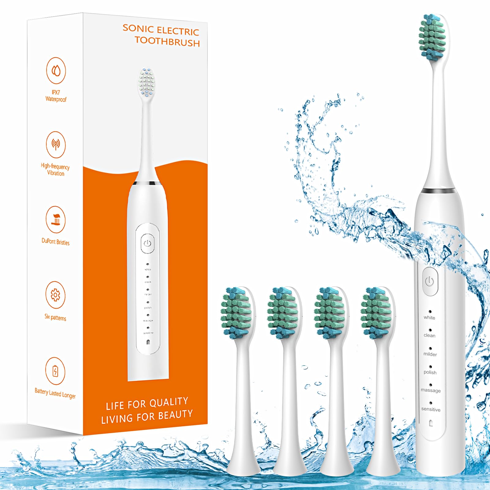 Waterproof Sonic Electric Toothbrush for Adults - 6 Cleaning Modes with Pressure Sensor & Smart Timer, Rechargeable Toothbrush with 4 Brush Heads for Whitening & Sensitive Teeth, 30-Day Battery Life - Perfect for Travel, Home & Daily Oral Care