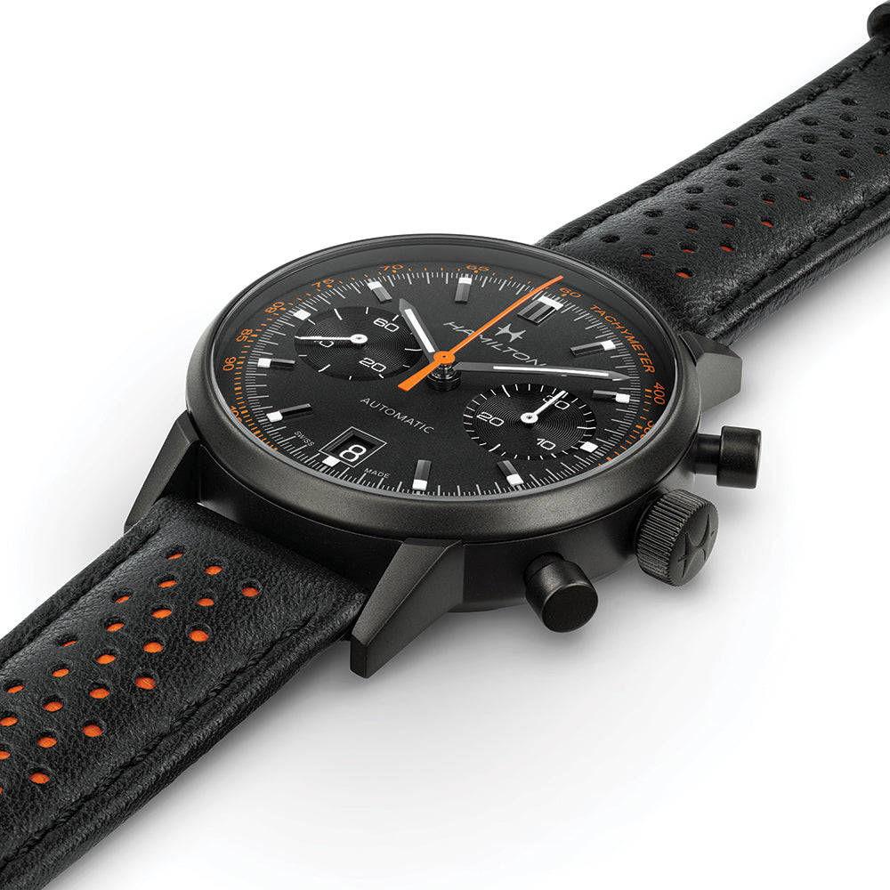 American Classic Intra Matic Auto Chrono PVD 40mm Black Leather Strap Watch with Orange Accents - Perfect for Business, Casual Wear & Special Occasions