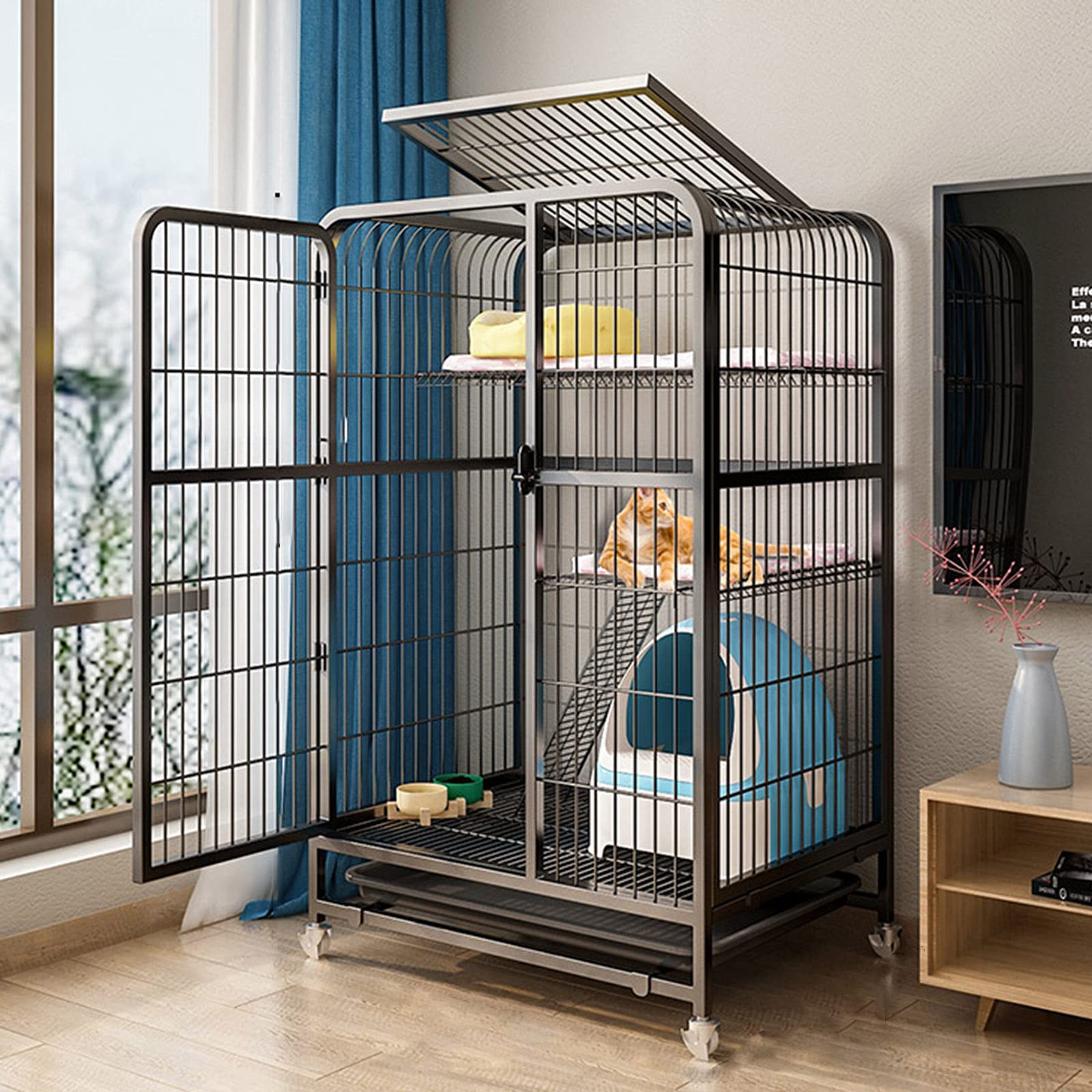 QJM Metal Cat Cage Outdoor Playpen - Large Cat Villa with Scratching Posts & Free Hammock on Wheels for Kittens & Small Animals | Perfect for Backyard, Patio & Travel Use