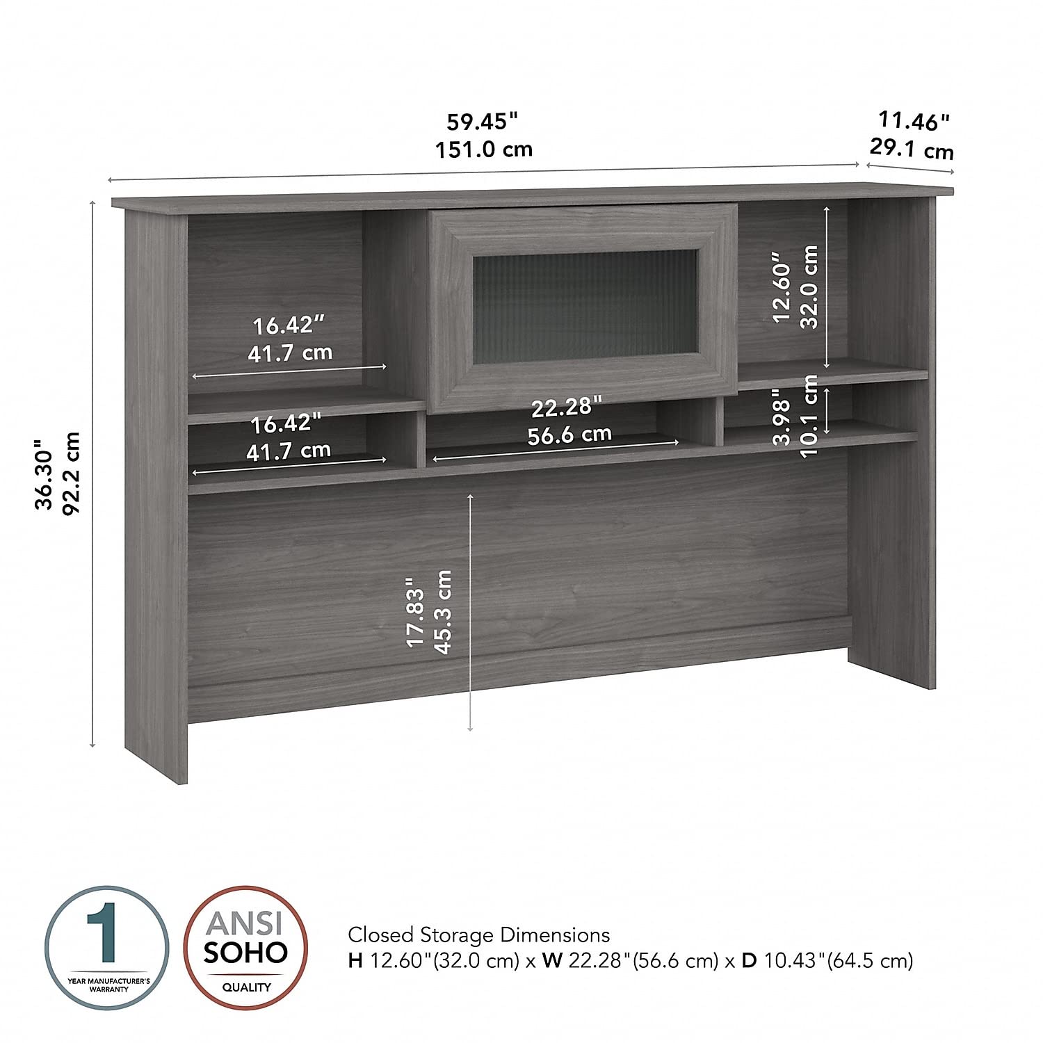 Bush Furniture Cabot 60W Hutch in Modern Gray - Stylish Home Office Desk with Storage Shelf, Perfect for Small Spaces & Work from Home Setup