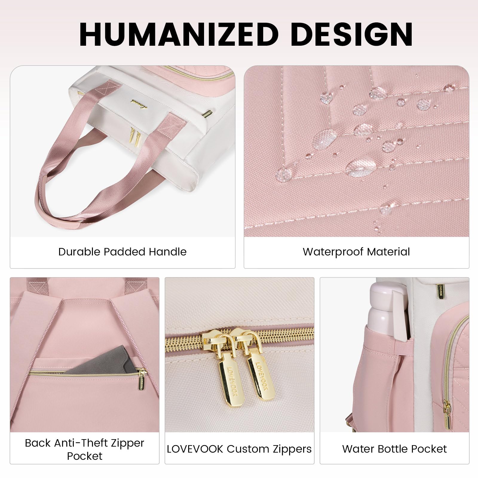 LOVEVOOK 15.6 Inch Laptop Backpack for Women - Stylish Waterproof Work & Business Bag with USB Port, Wide Top Open Design, Perfect for Travel, School, Office, and Everyday Use, Pink-White