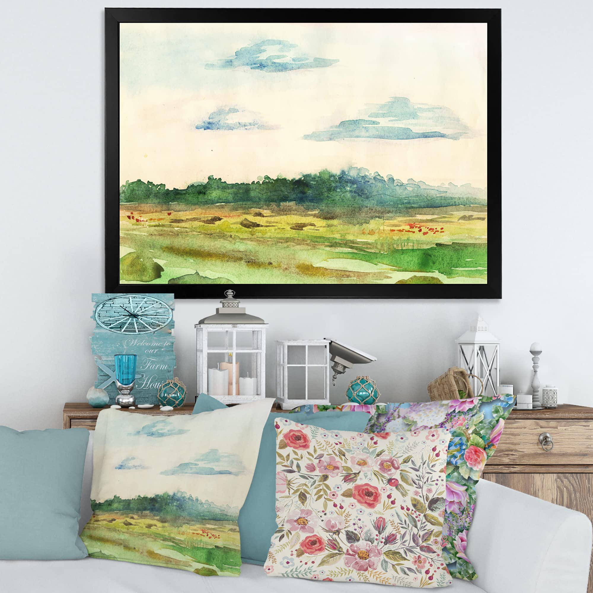DesignQ Green Blossoming Summer Landscape Traditional Framed Wall Art - Hand Painted Canvas Painting for Living Room, Bedroom, Office Decor - Perfect Gift for Housewarming & Home Interior Design