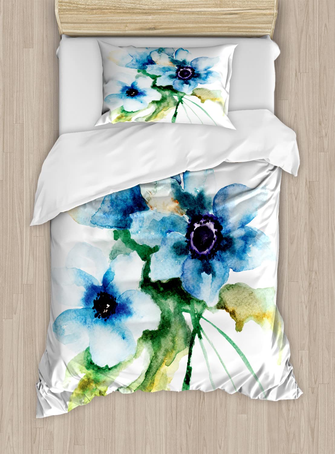 Ambesonne Watercolor Floral Duvet Cover Set - Twin Size 2-Piece Bedding with 2 Duvet Covers & 2 Pillowcases - Pale Teal Green White Summer Leaves Bouquet Nature Print - Perfect for Guest Rooms, Dorm Decor & Bohemian Bedroom Style