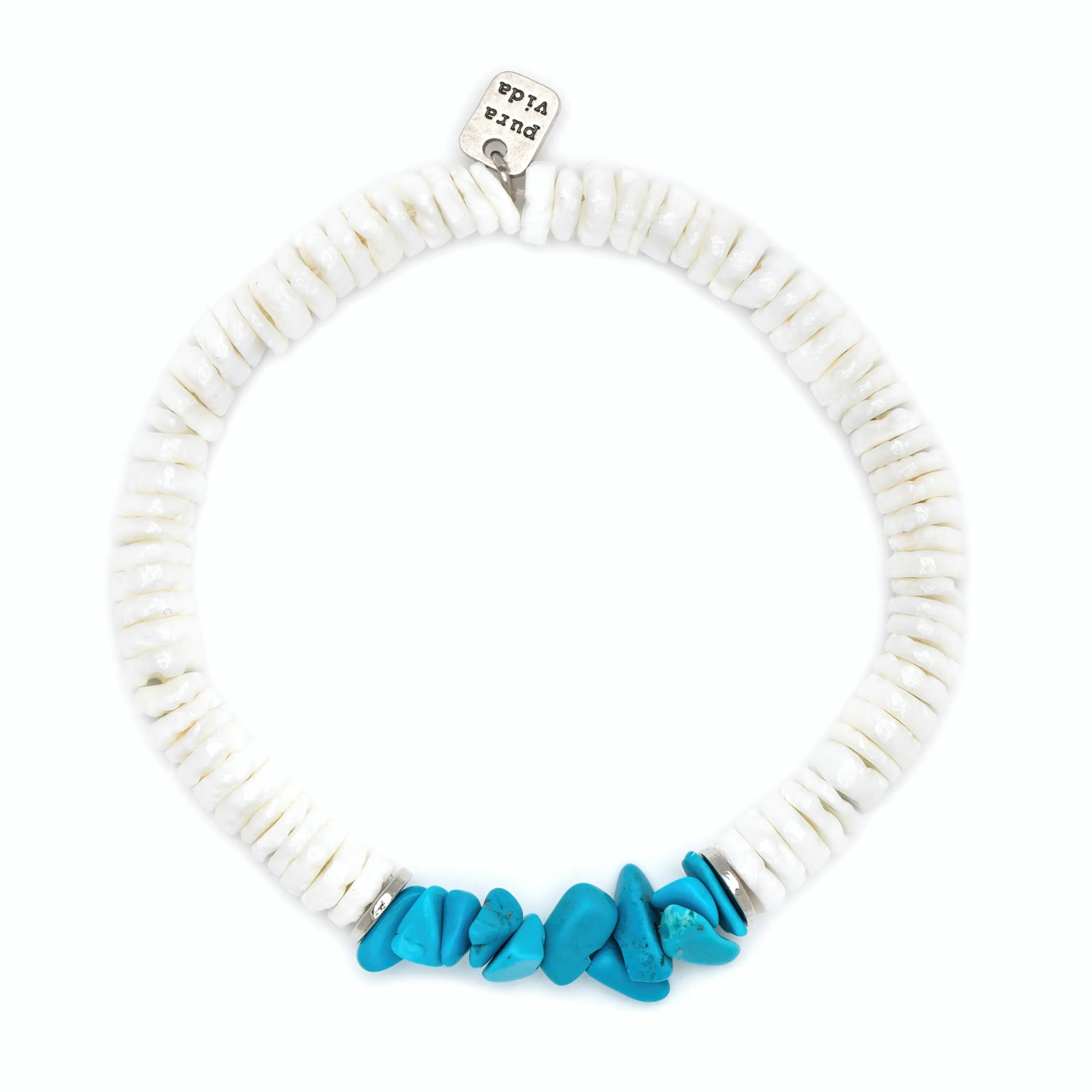Natural Puka Shell Bracelet with Turquoise Chips - Boho Beach Style White Beaded Bracelet for Women - Perfect for Summer, Vacations, and Festival Outfits