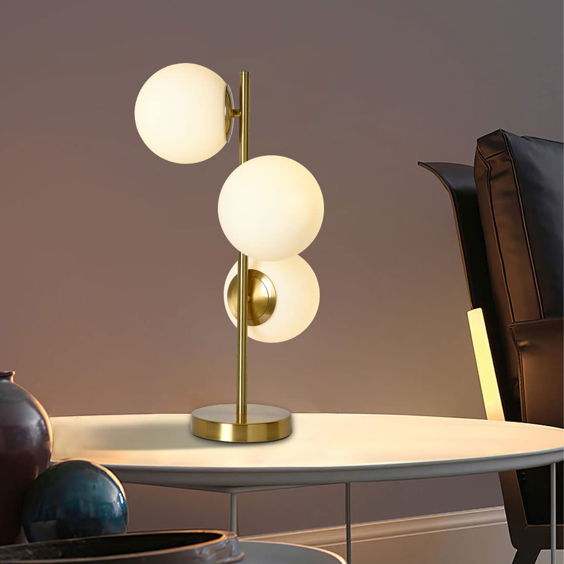 Modern 3-Light Gold Glass Desk Lamp with White Frosted Globe Shade - Plug in Reading Lamp for Bedroom, Living Room, Nightstand & Study - Perfect for Cozy Reading Nooks, Home Office Lighting and Bedside Ambience (3-Light)