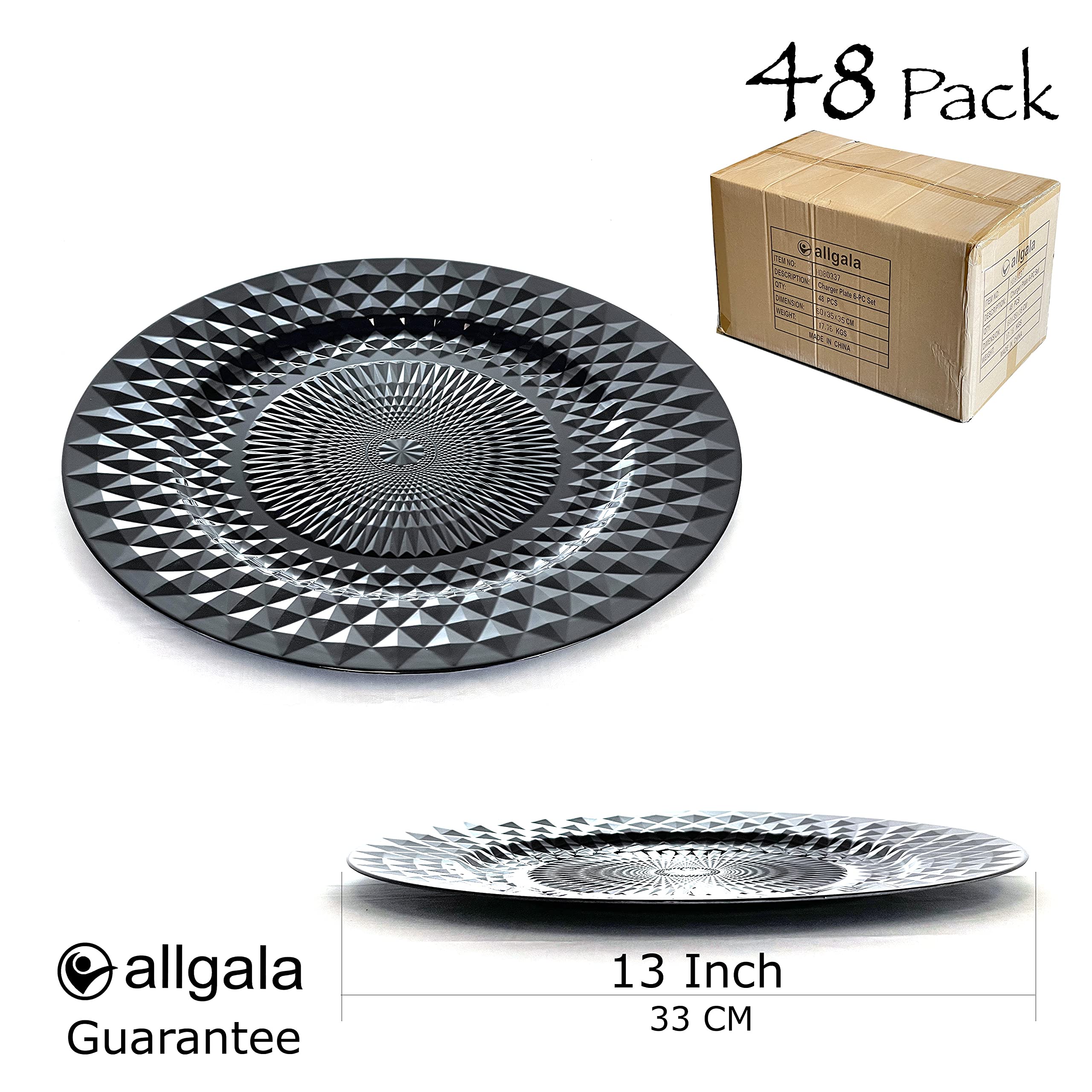 Allgala 13-Inch 48-Pack Heavy Duty Plastic Diamond Pattern Charger Plates - Elegant Black Wedding Dinner Plates for Formal Events, Banquets & Special Occasions